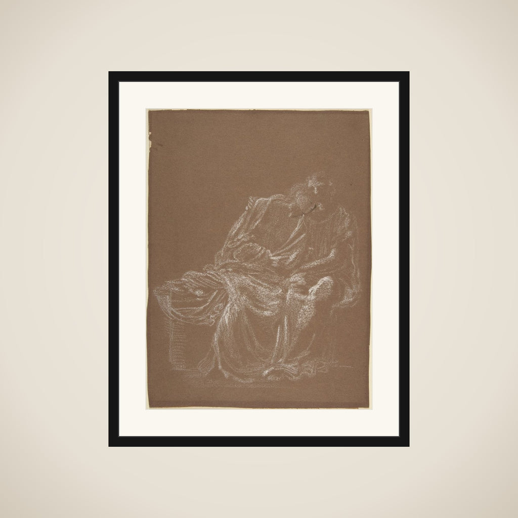 A seated couple, embracing framed