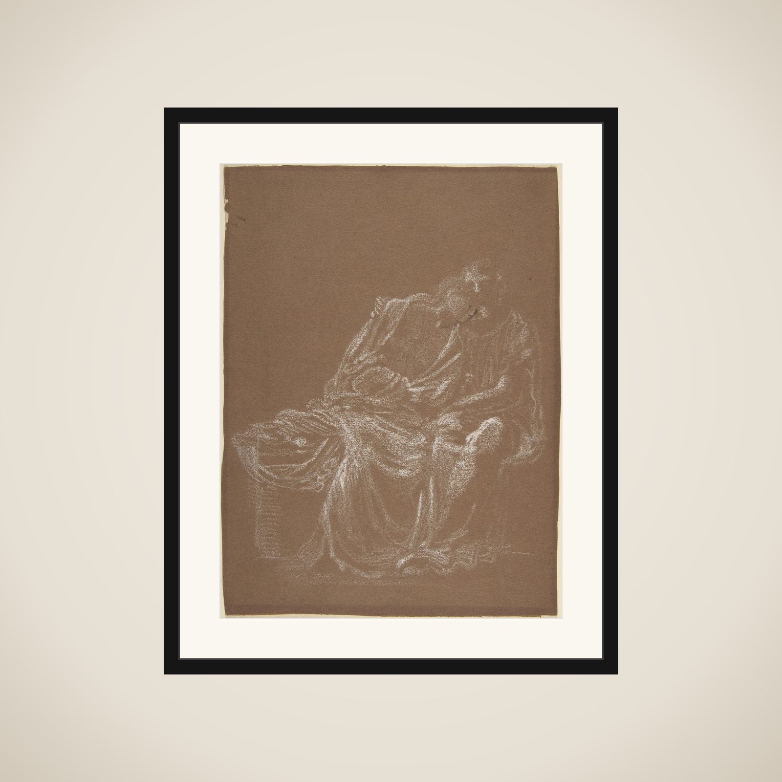 A seated couple, embracing framed