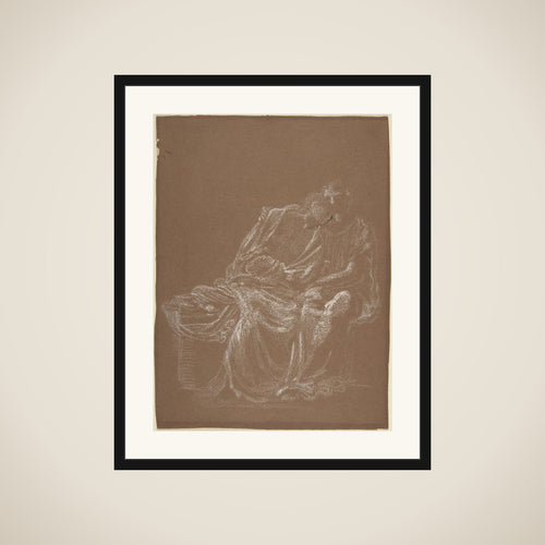 A seated couple, embracing framed