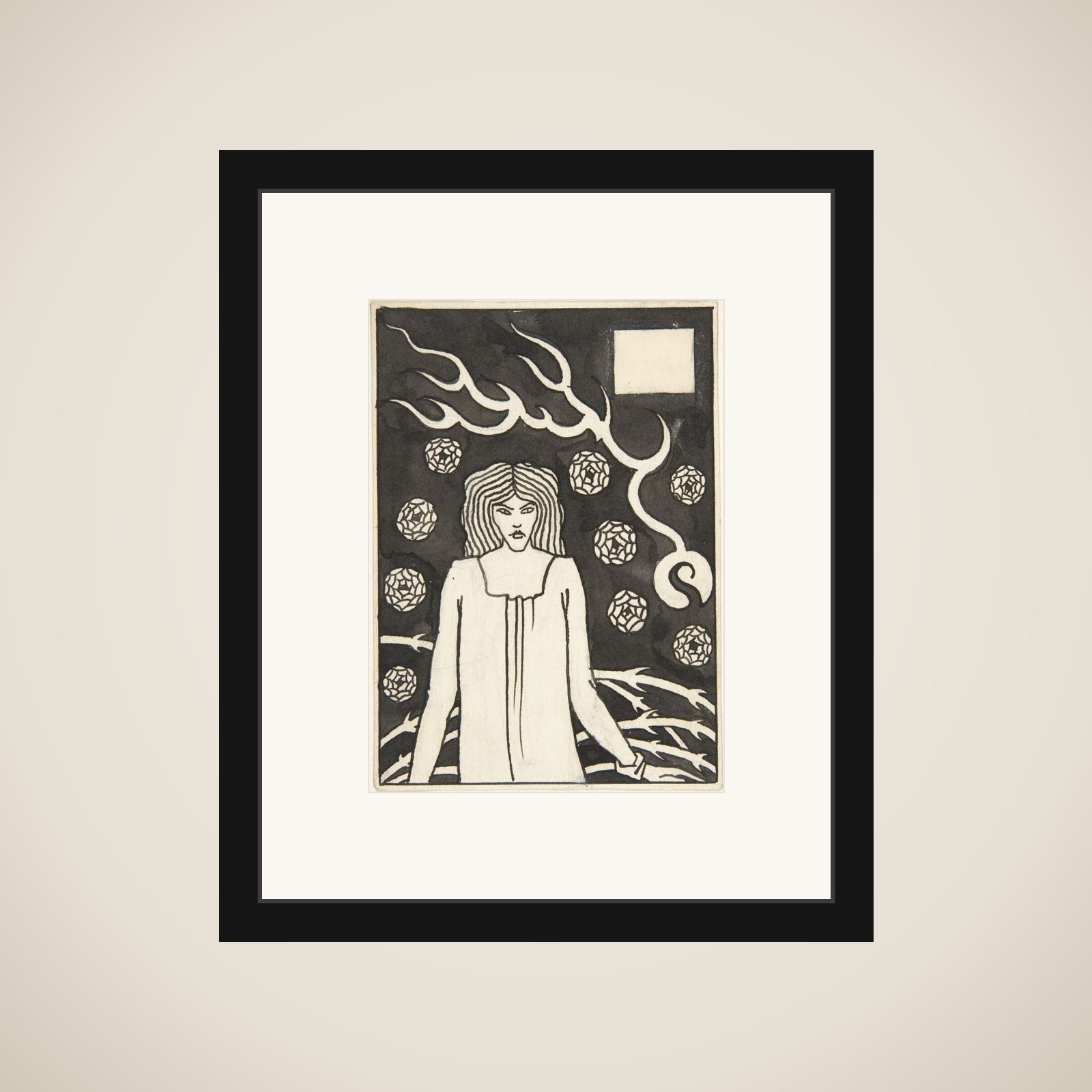 Young Woman Surrounded by Briars, Lightning and Roses (Chapter Heading, "Le Morte d'Arthur," J. M. Dent 1893–94, Part III, book vi, chapter xvii, p. 215 and Part VII, book x, chapter xxii, p. 500) framed