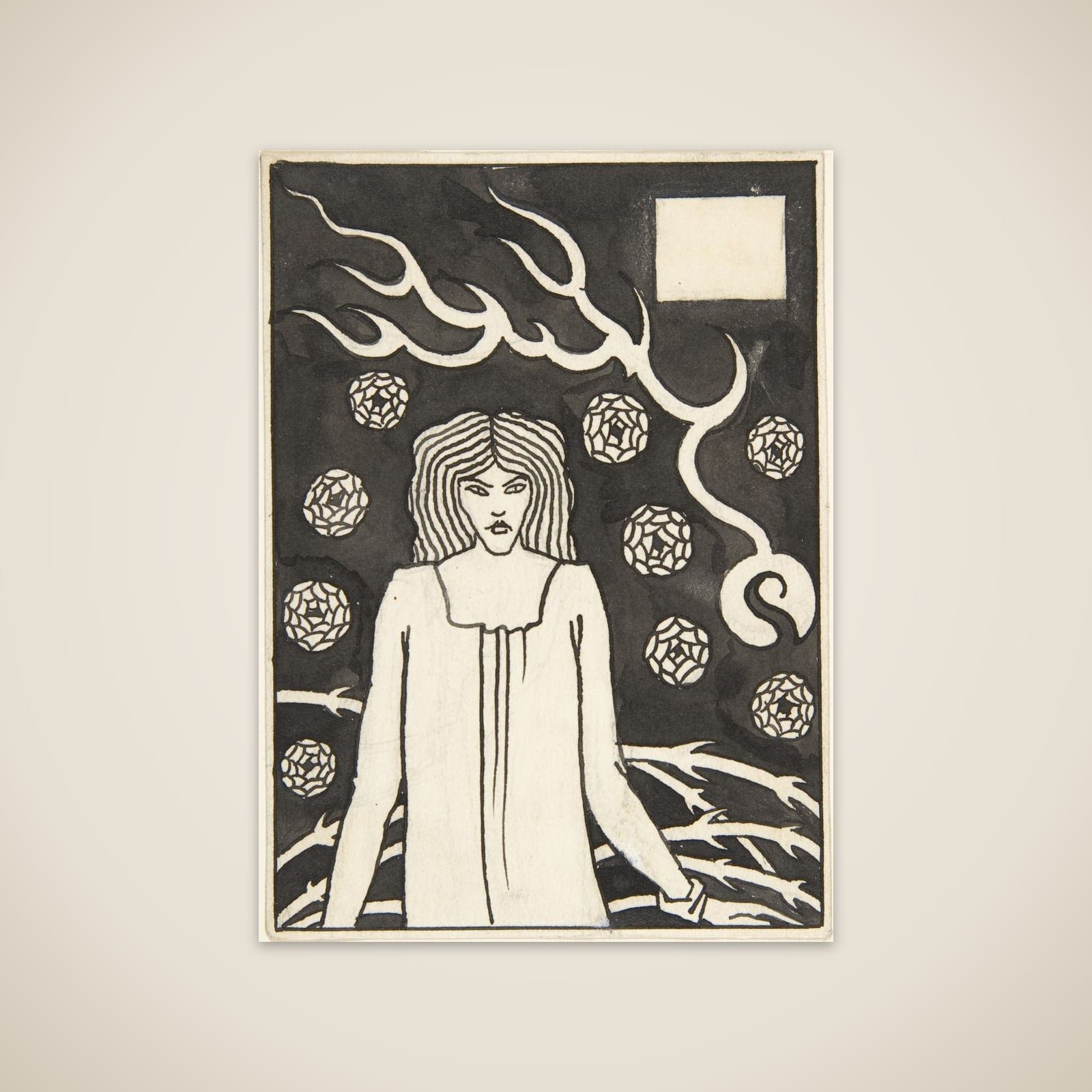 Young Woman Surrounded by Briars, Lightning and Roses (Chapter Heading, "Le Morte d'Arthur," J. M. Dent 1893–94, Part III, book vi, chapter xvii, p. 215 and Part VII, book x, chapter xxii, p. 500) unframed print