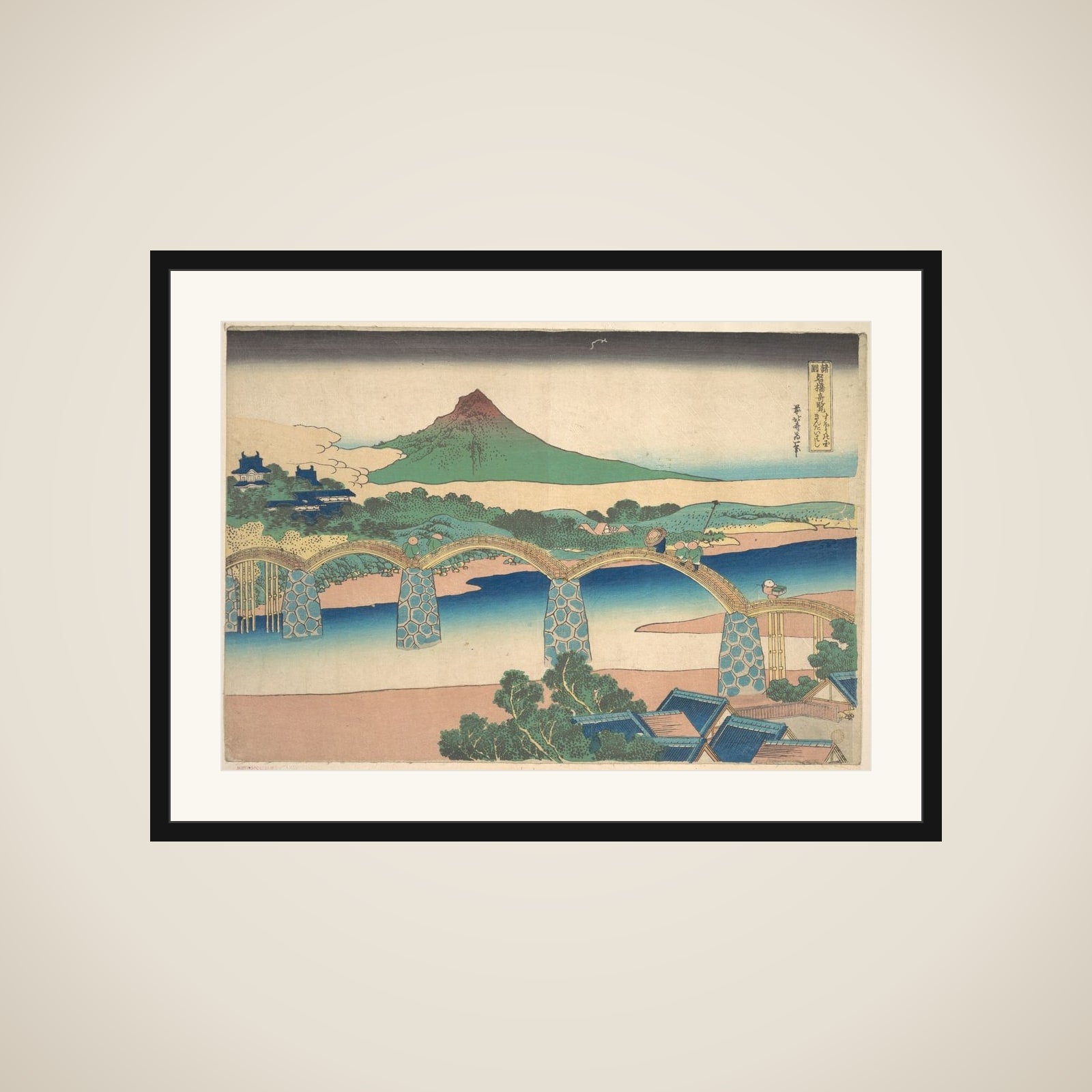 Kintai Bridge in Suō Province (Suō no kuni Kintaibashi), from the series Remarkable Views of Bridges in Various Provinces (Shokoku meikyō kiran) framed