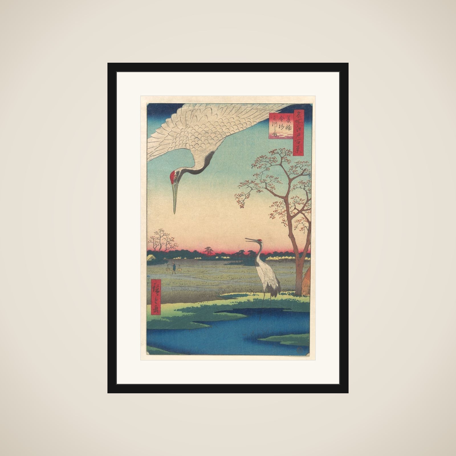 “Minowa, Kanasugi at Mikawashima,” from the series One Hundred Famous Views of Edo (Meisho Edo hyakkei, Minowa Kanasugi, Mikawashima) framed