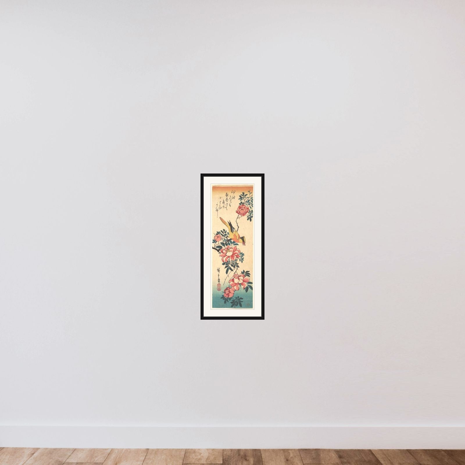 Eastern Grey Wagtail and Rose framed — shown to scale