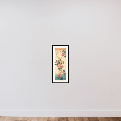 Eastern Grey Wagtail and Rose framed — shown to scale