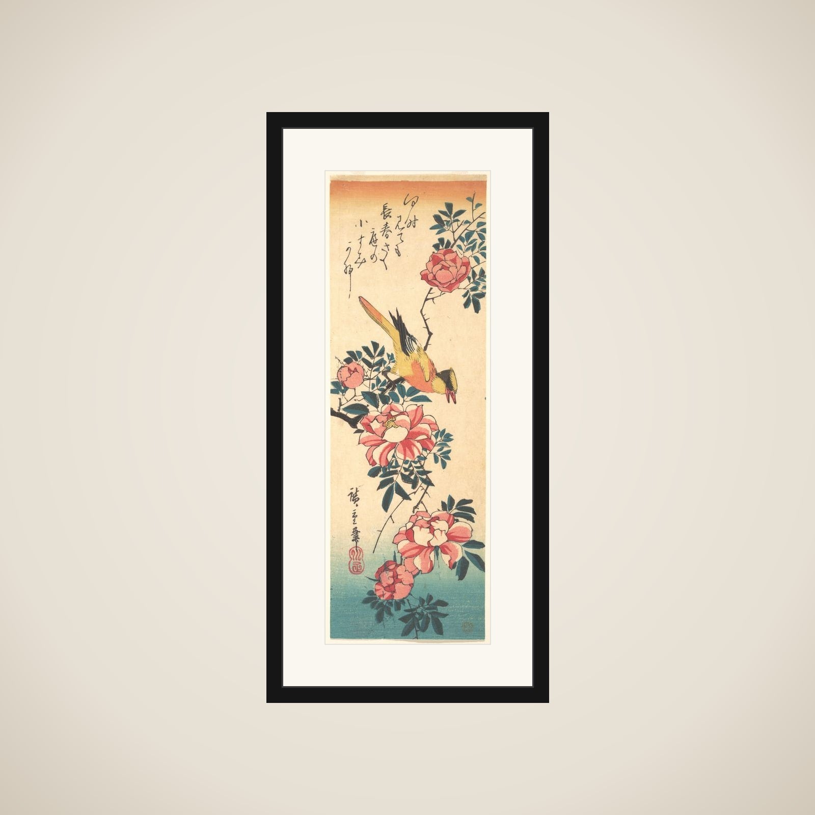 Eastern Grey Wagtail and Rose framed