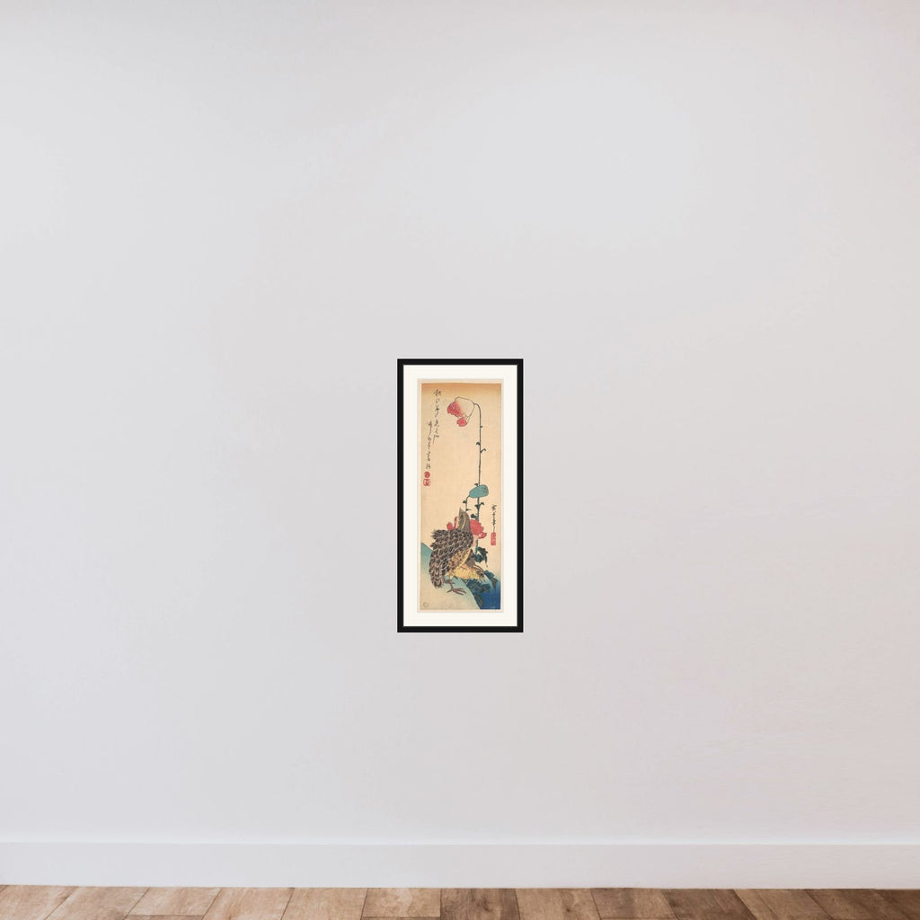 A Pair of Quails and Poppies framed — shown to scale