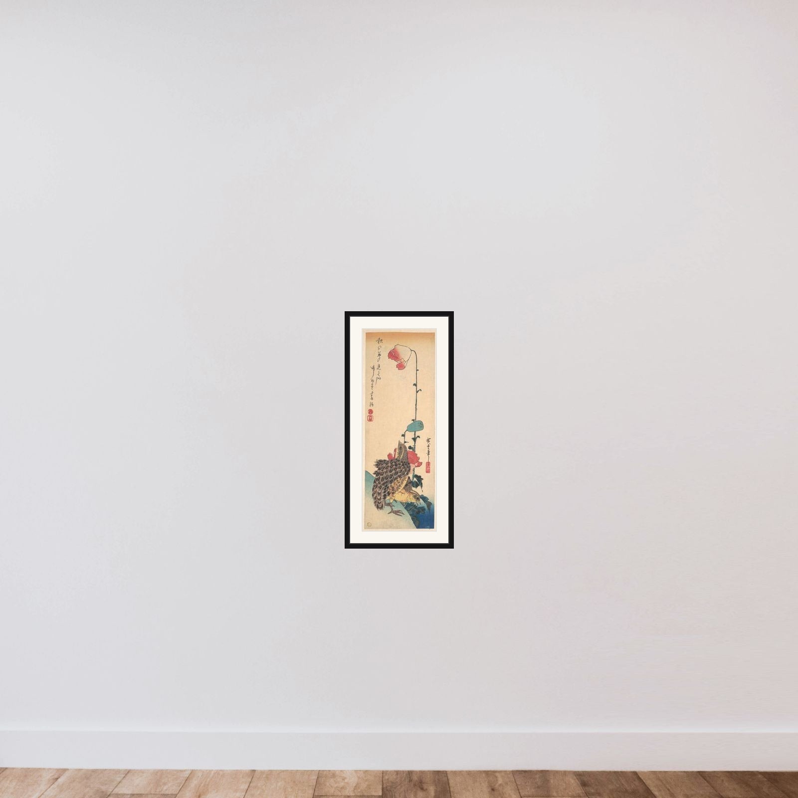 A Pair of Quails and Poppies framed — shown to scale