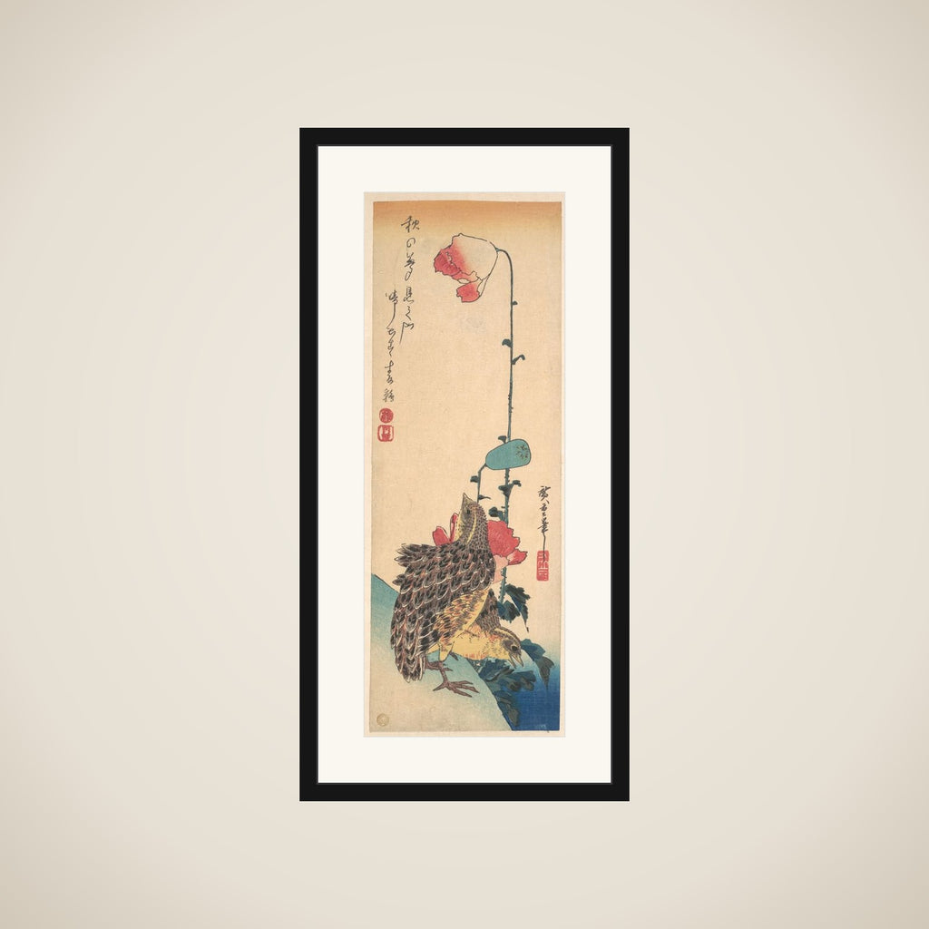 A Pair of Quails and Poppies framed