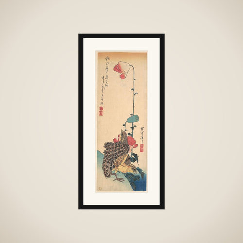 A Pair of Quails and Poppies framed
