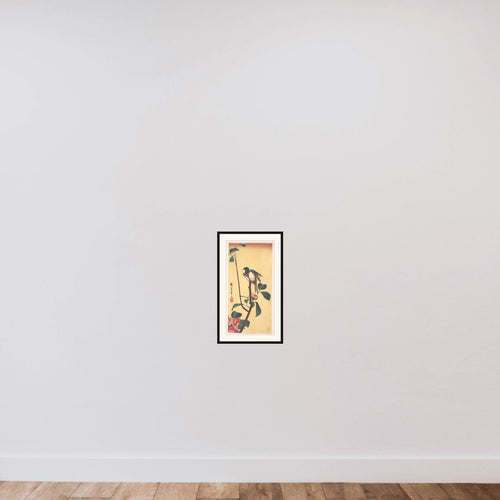 Camellia and Blue-Headed Bird framed — shown to scale