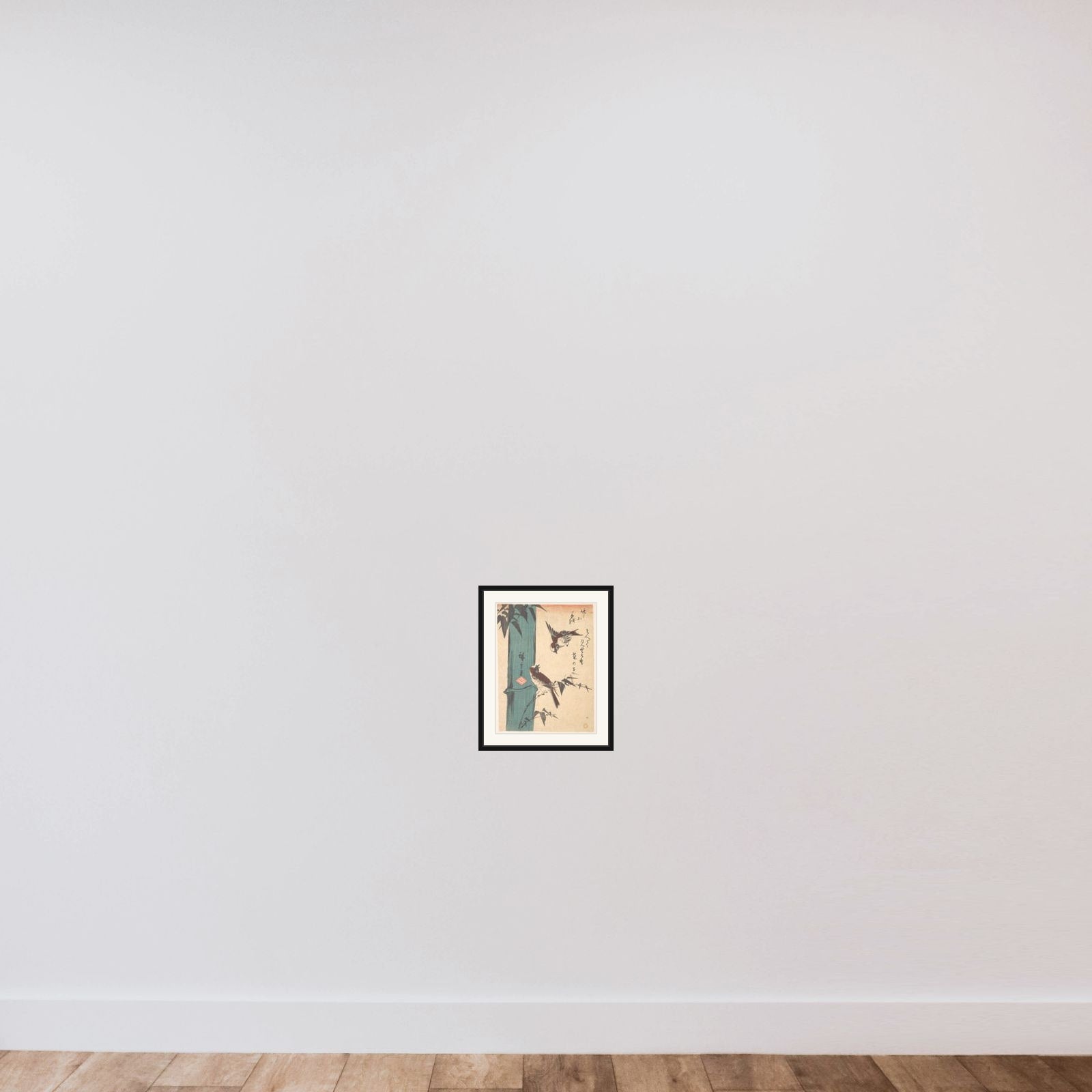 Bamboo and Sparrows framed — shown to scale