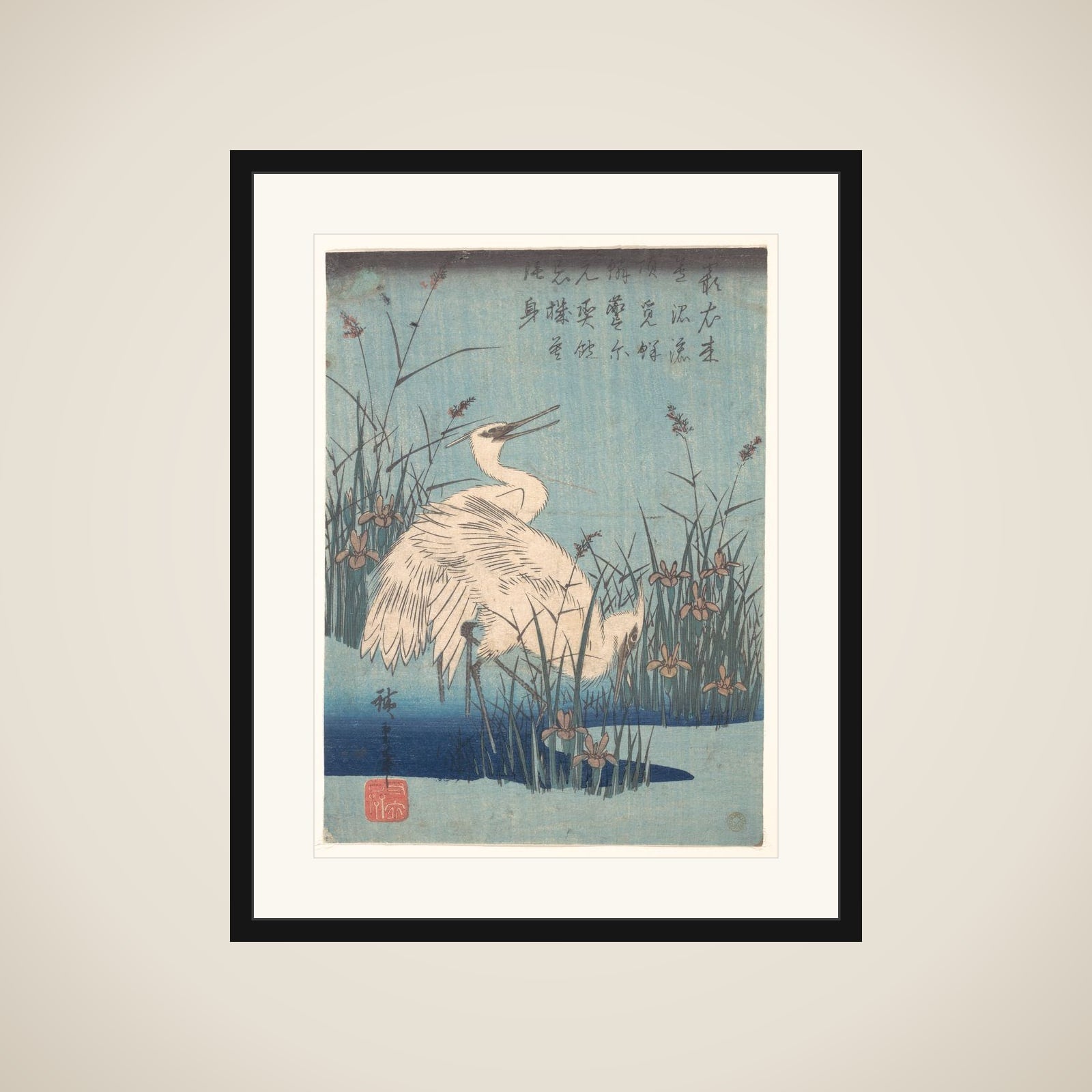 Egret in Iris and Grasses framed