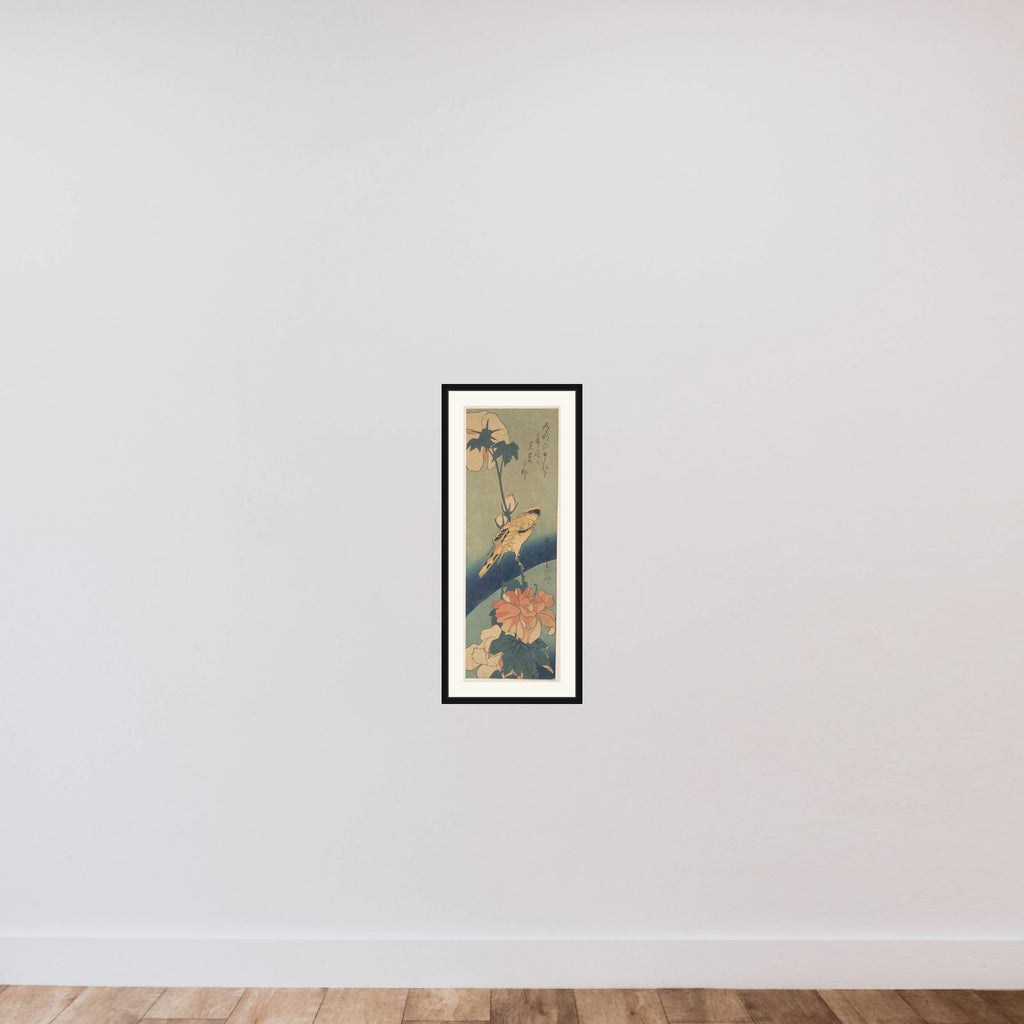 Black-naped Oriole Perched on a Stem of Rose Mallow framed — shown to scale