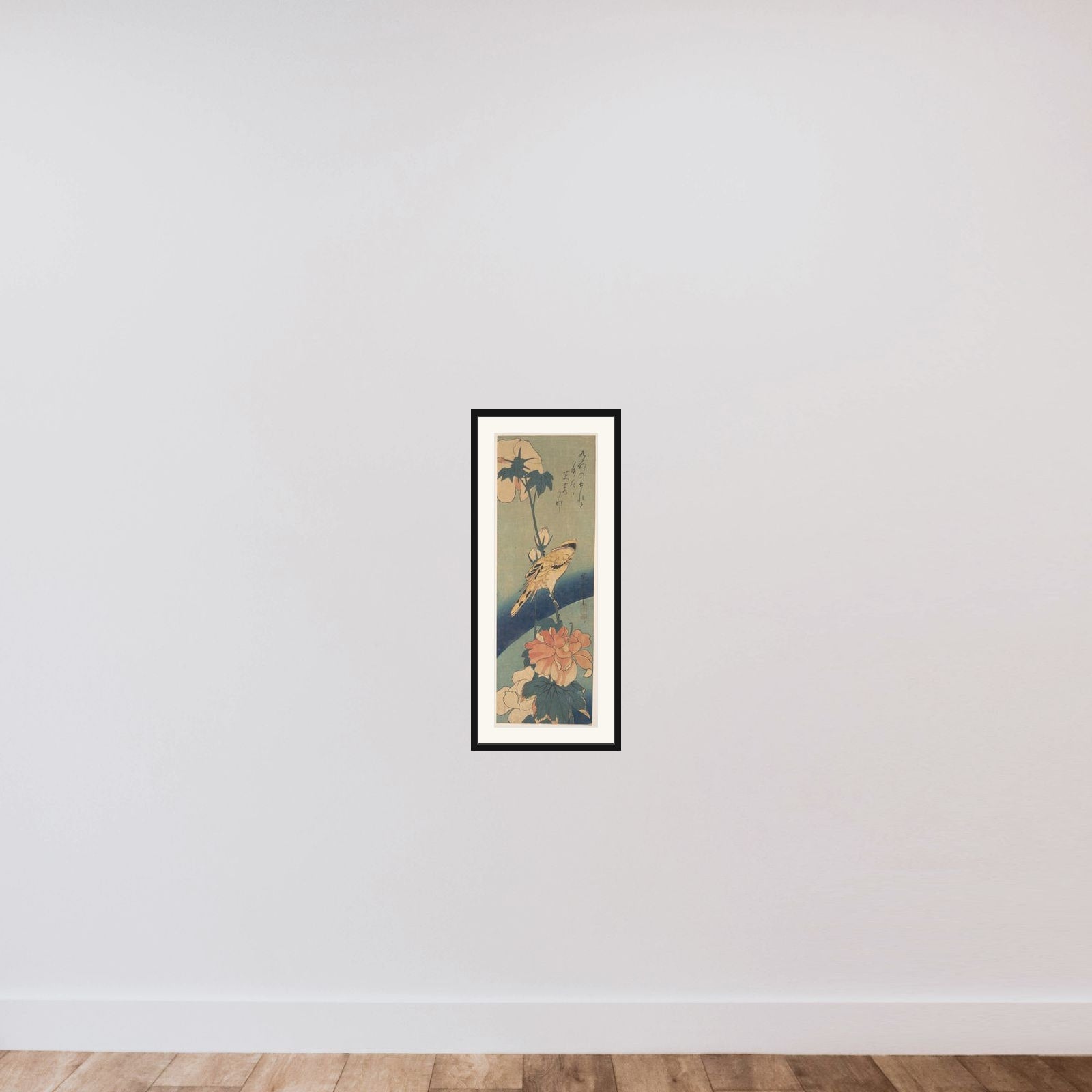 Black-naped Oriole Perched on a Stem of Rose Mallow framed — shown to scale
