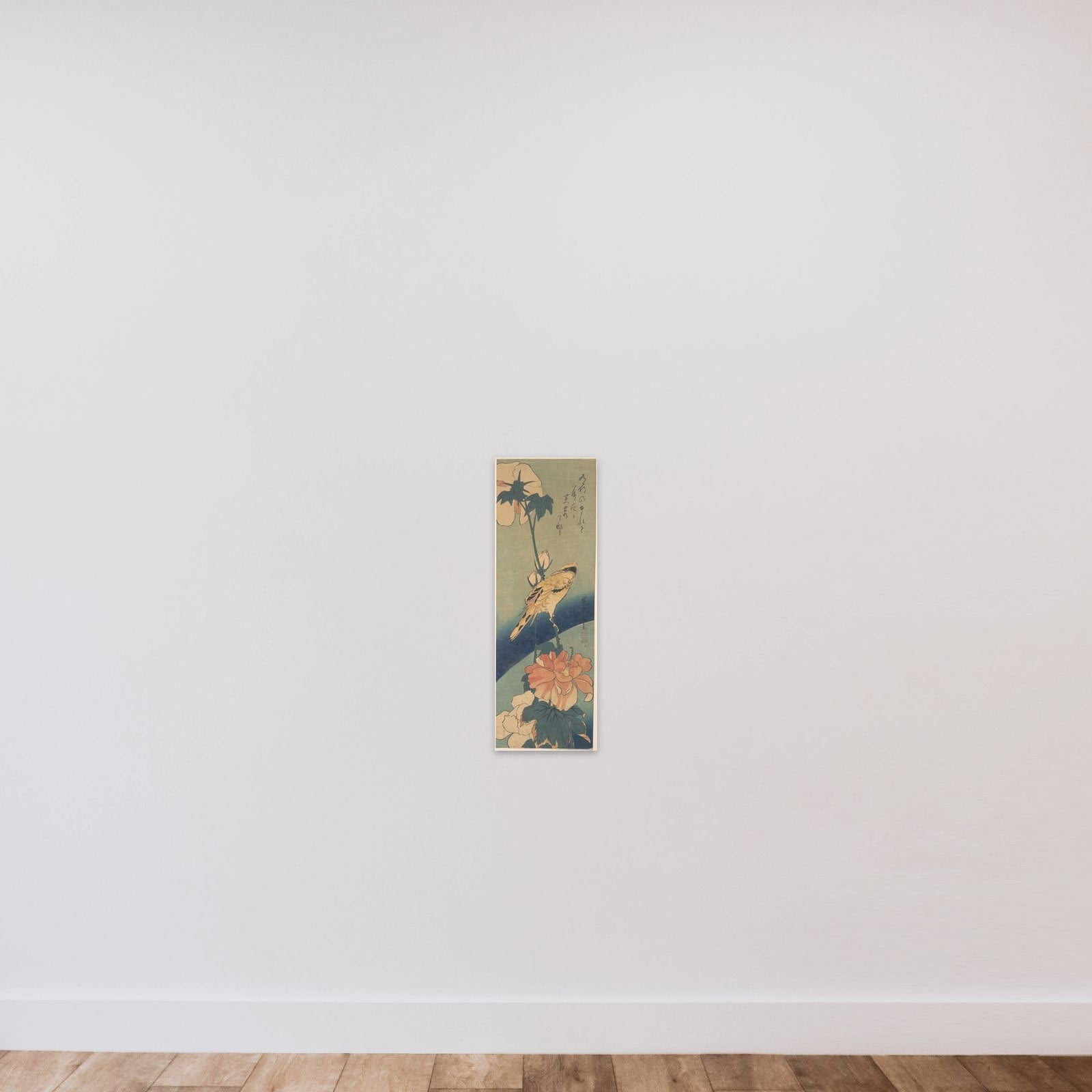 Black-naped Oriole Perched on a Stem of Rose Mallow unframed — shown to scale