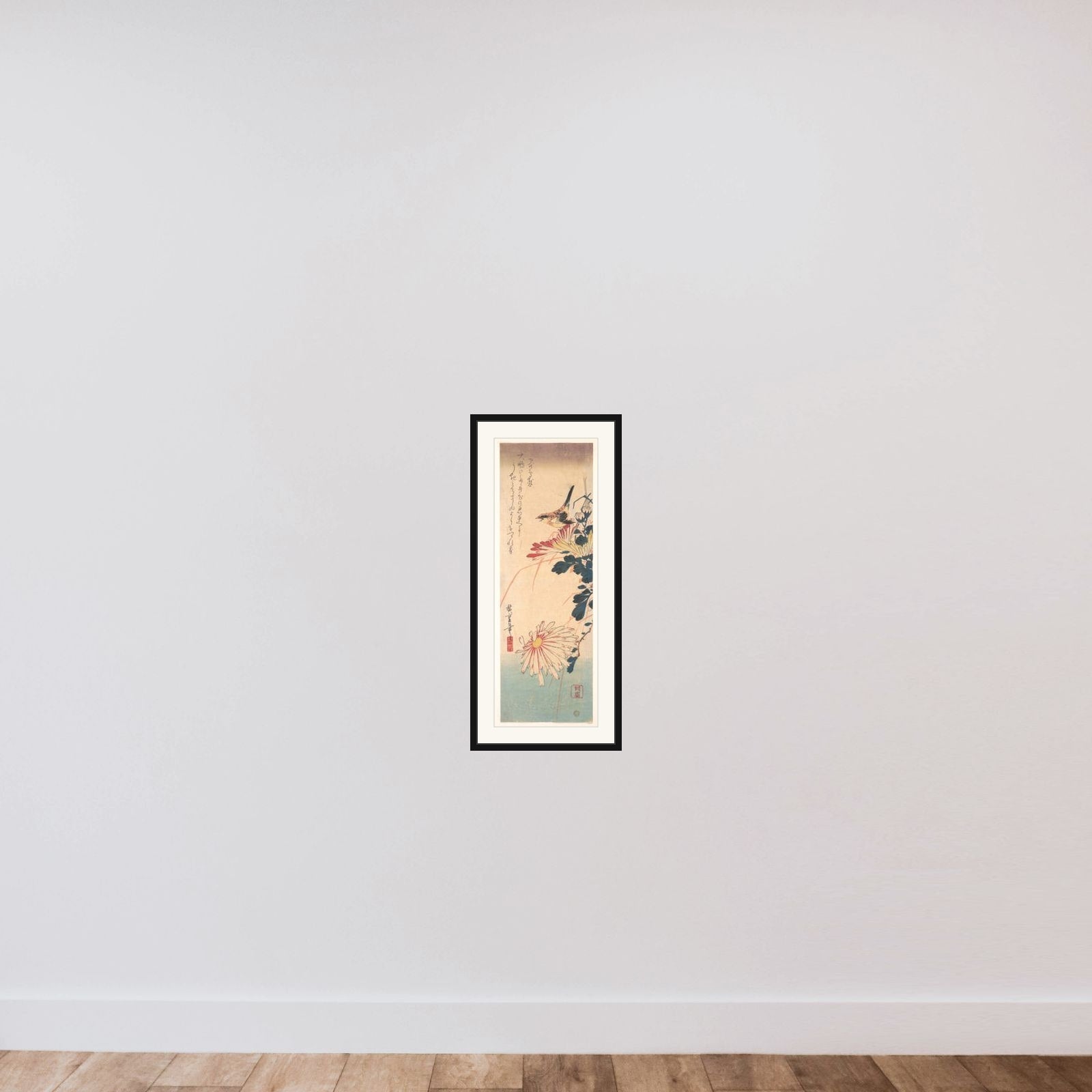 A Wren and Chrysanthemums framed — shown to scale