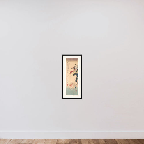A Wren and Chrysanthemums framed — shown to scale
