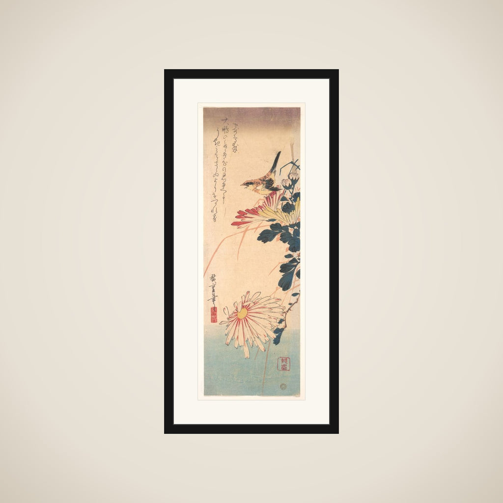 A Wren and Chrysanthemums framed