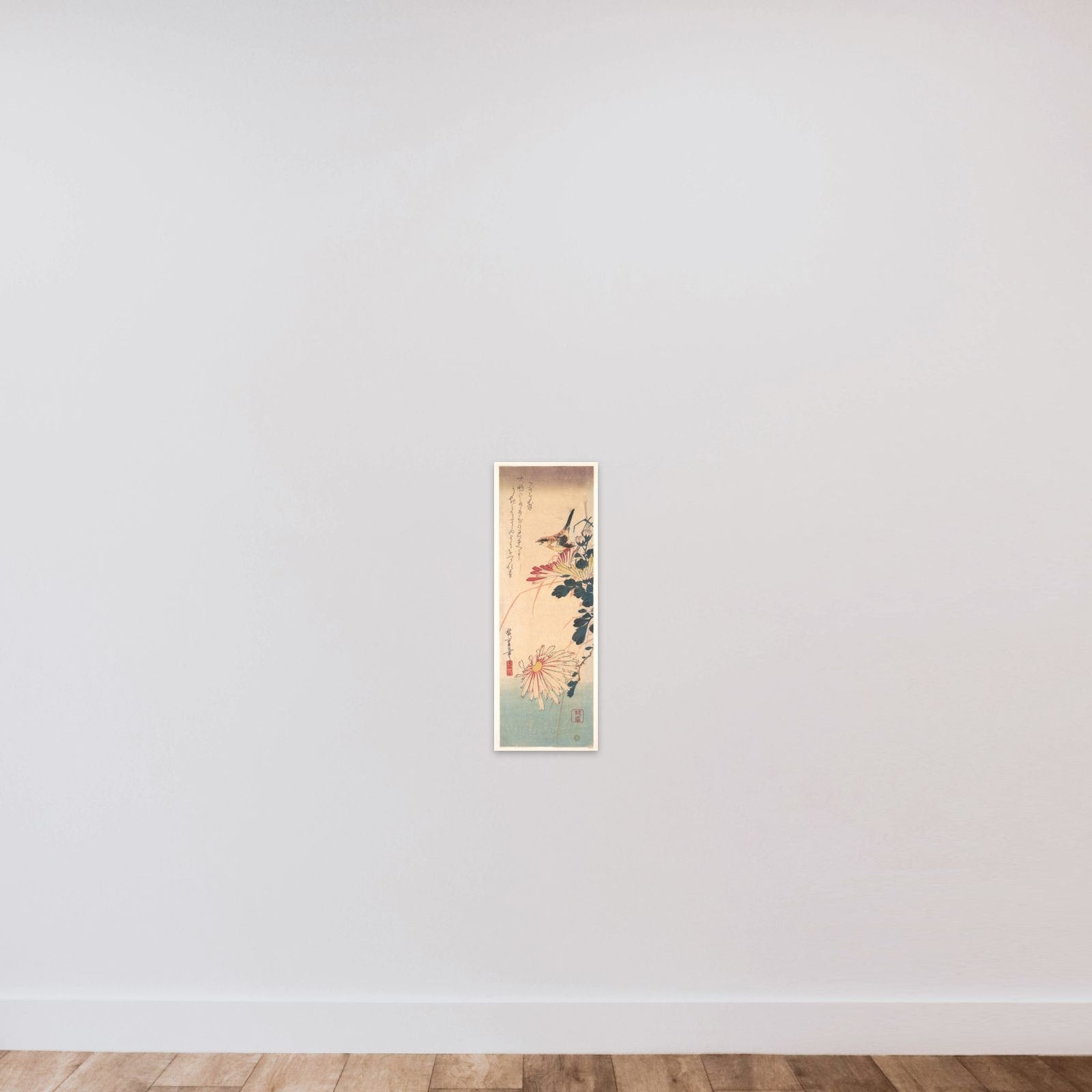 A Wren and Chrysanthemums unframed — shown to scale