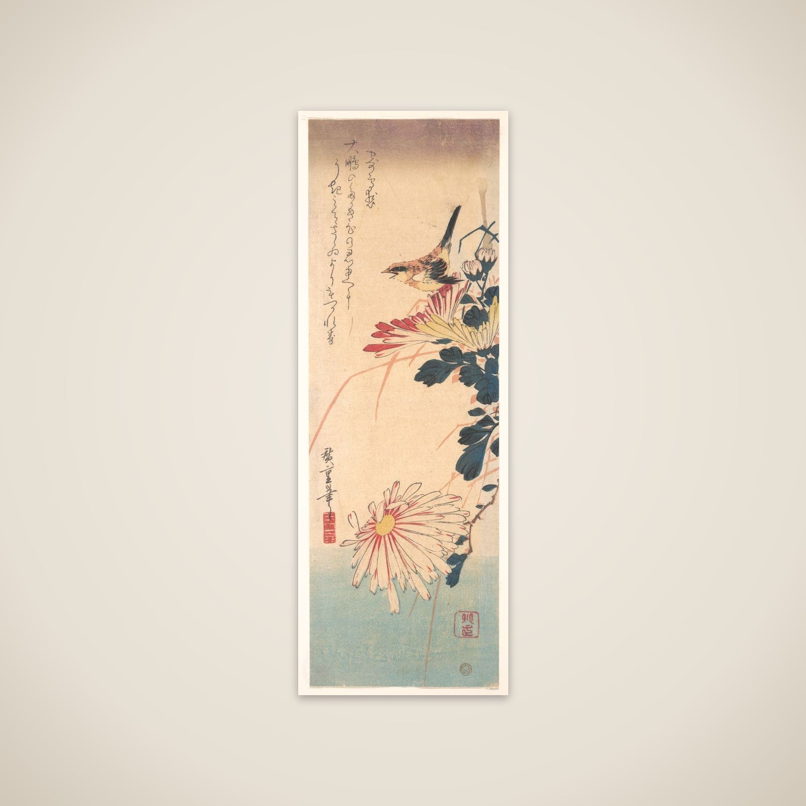 A Wren and Chrysanthemums unframed print