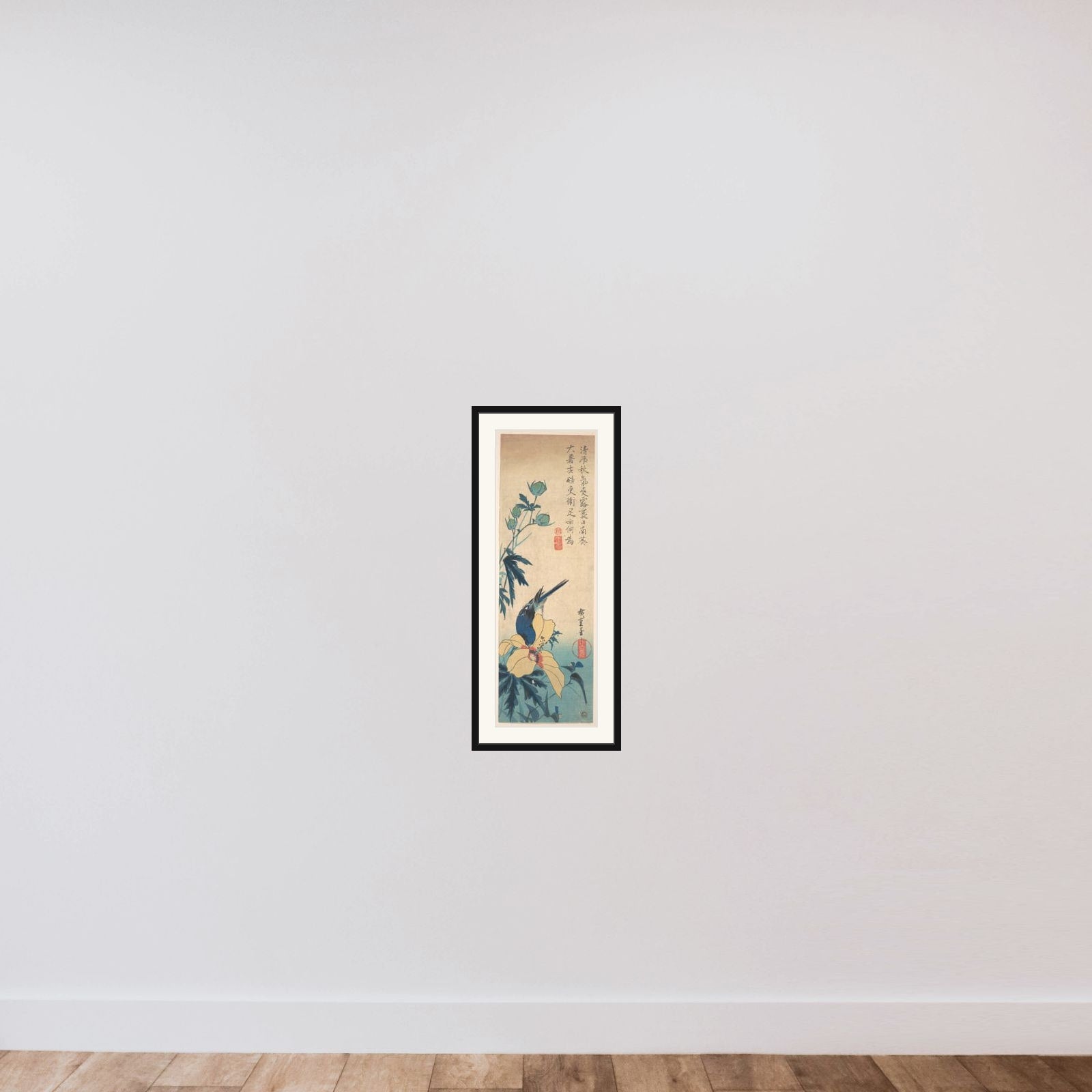 Hibiscus and Bluebird framed — shown to scale