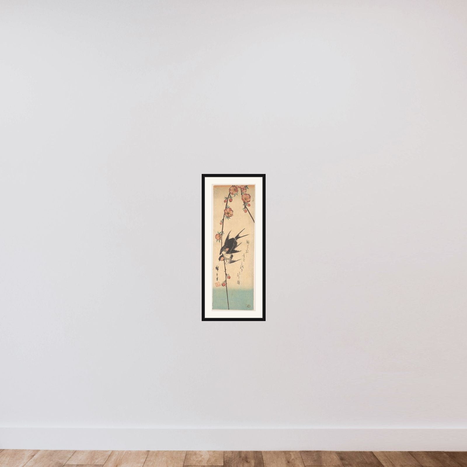 Pear Blossoms and Swallows framed — shown to scale