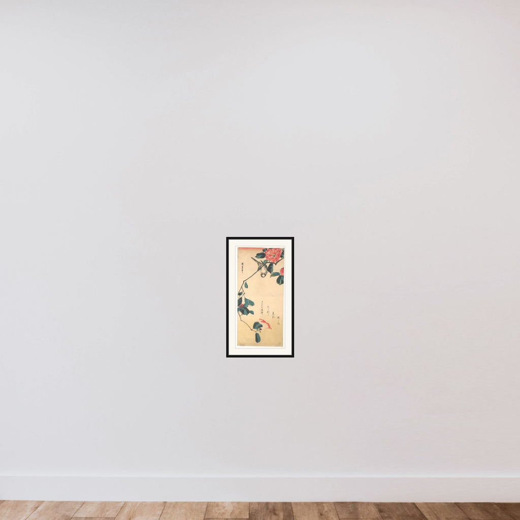 Camellia and Bullfinch framed — shown to scale