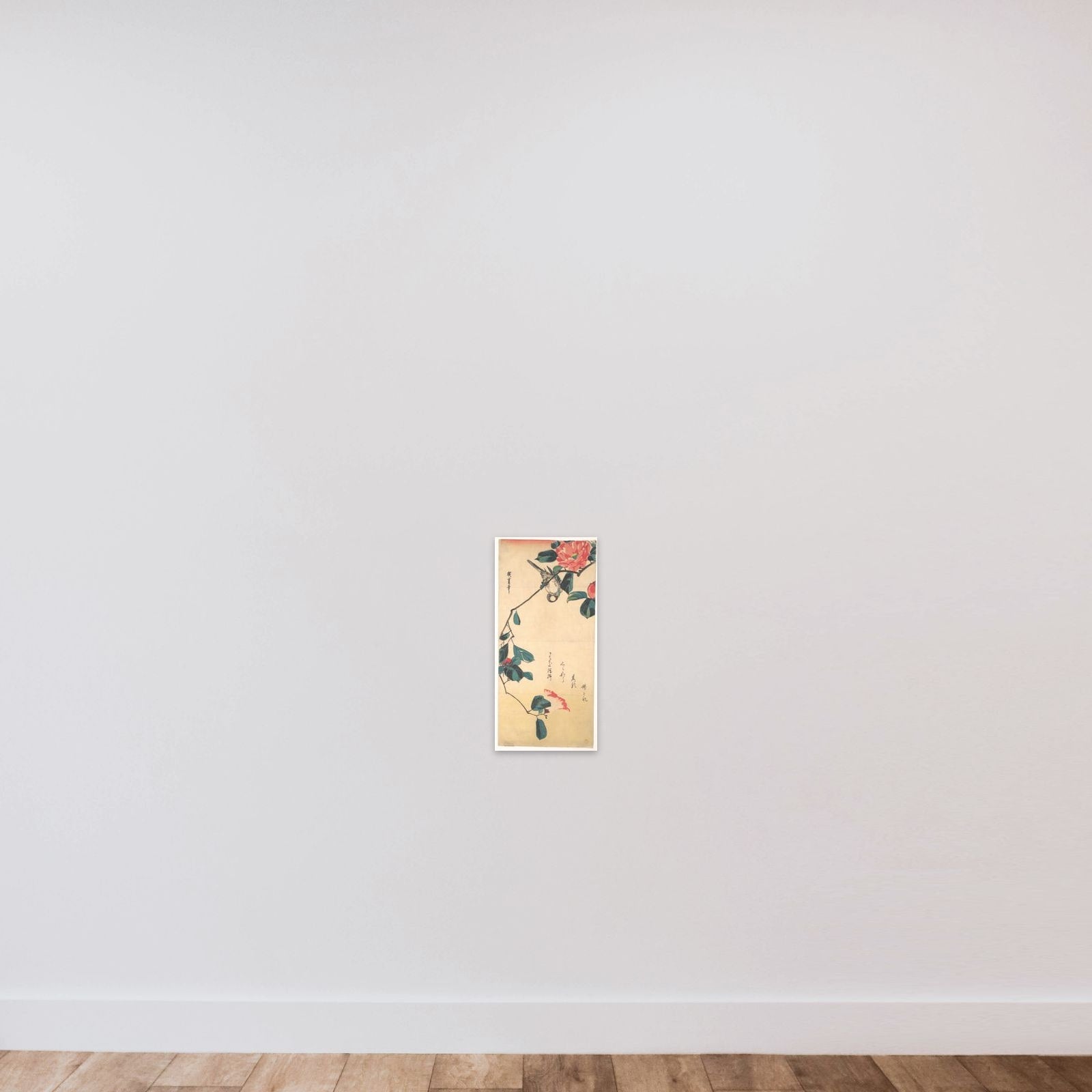 Camellia and Bullfinch unframed — shown to scale