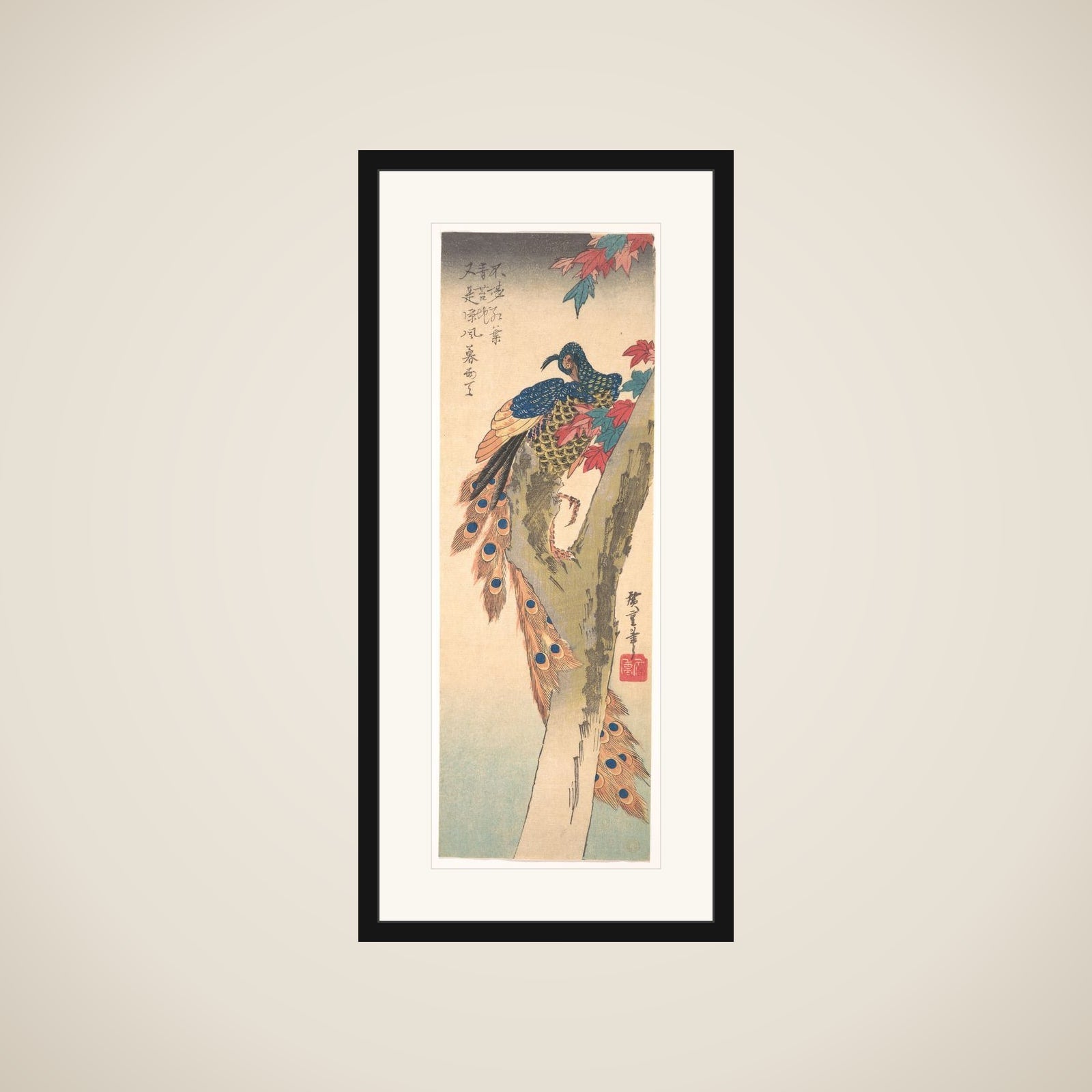 A Peacock Perched on a Maple Tree framed