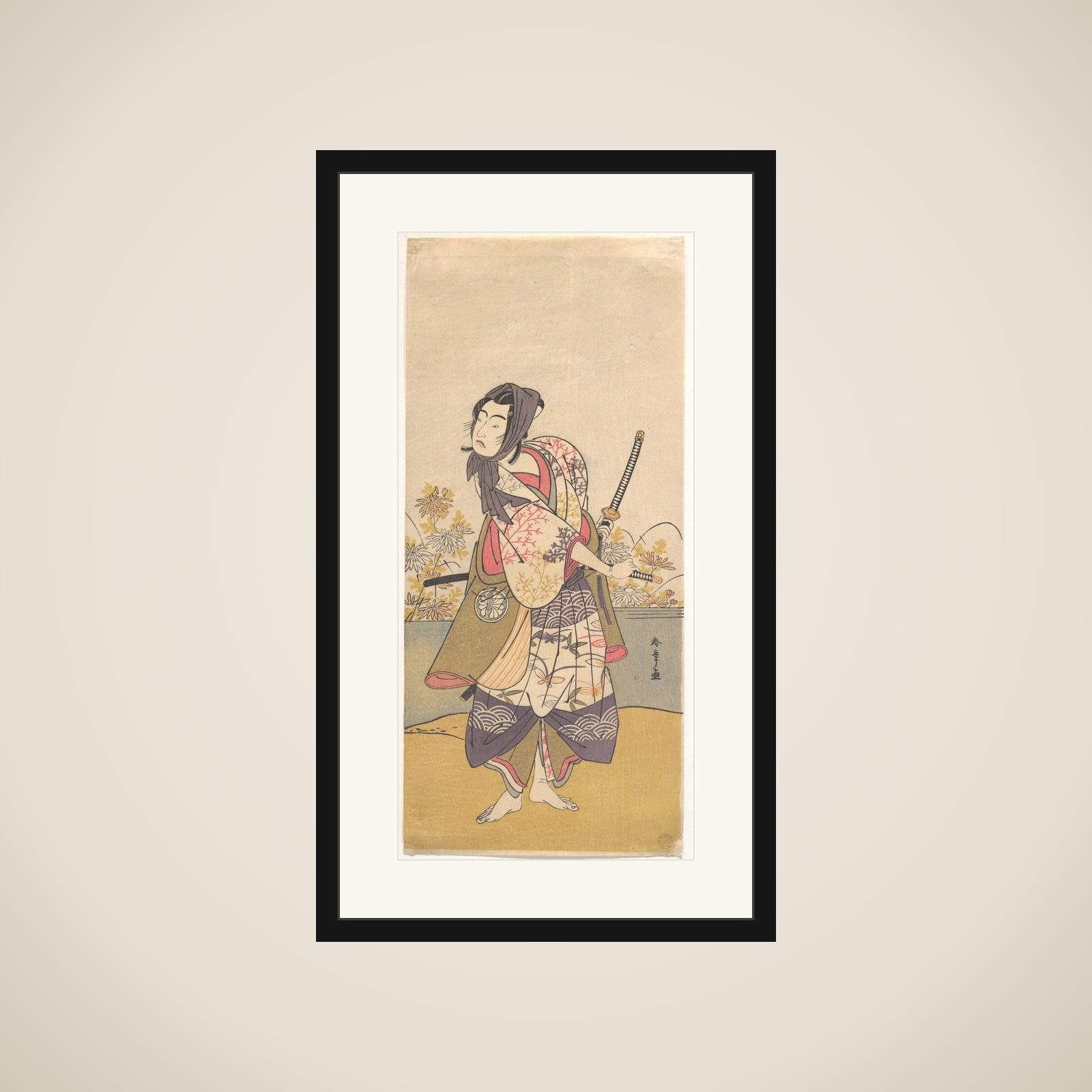 The Third Segawa Kikunojō in the Role of Soga no Gorō Tokimune framed
