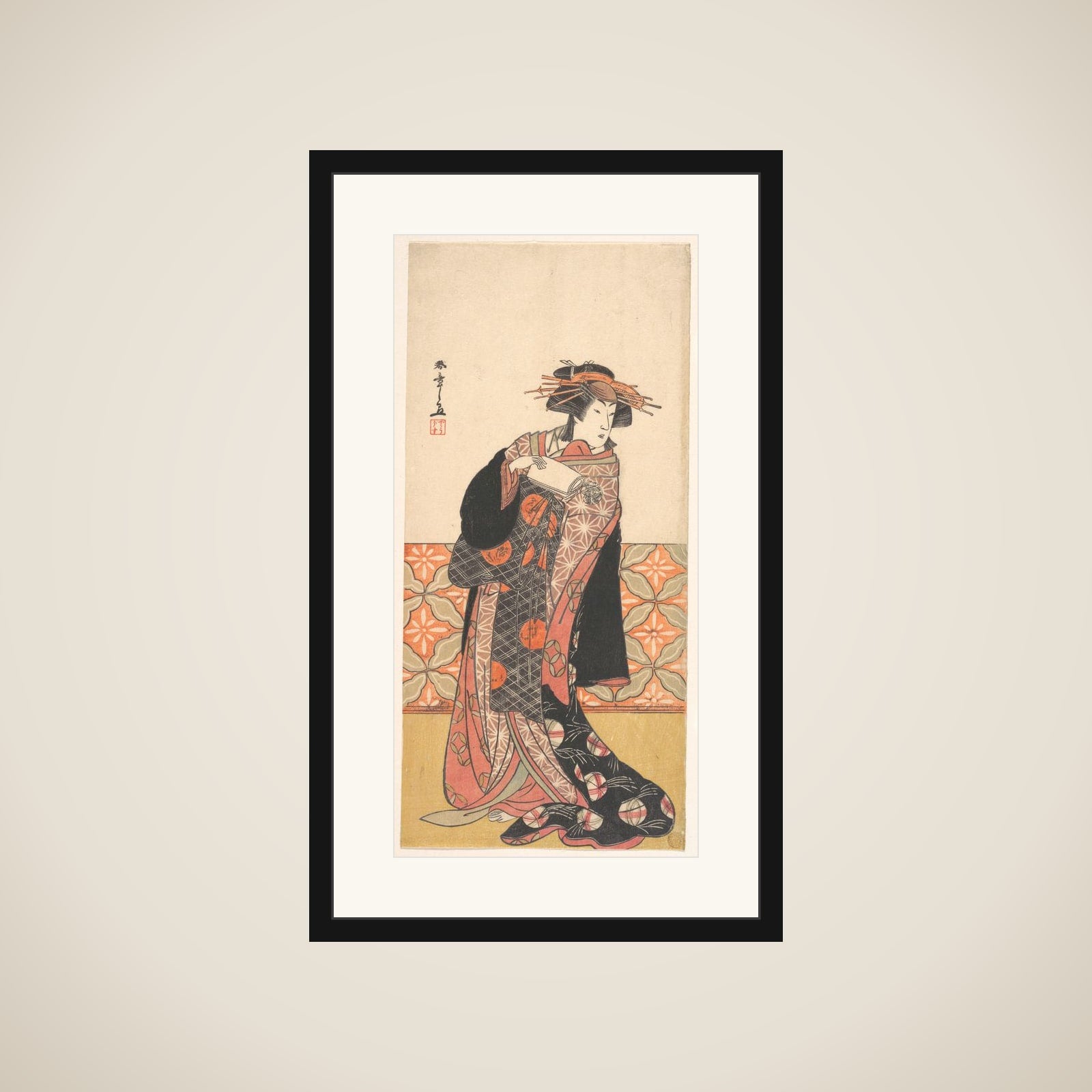 Nakamura Riko as Richly Clad Courtesan Standing in a Room framed