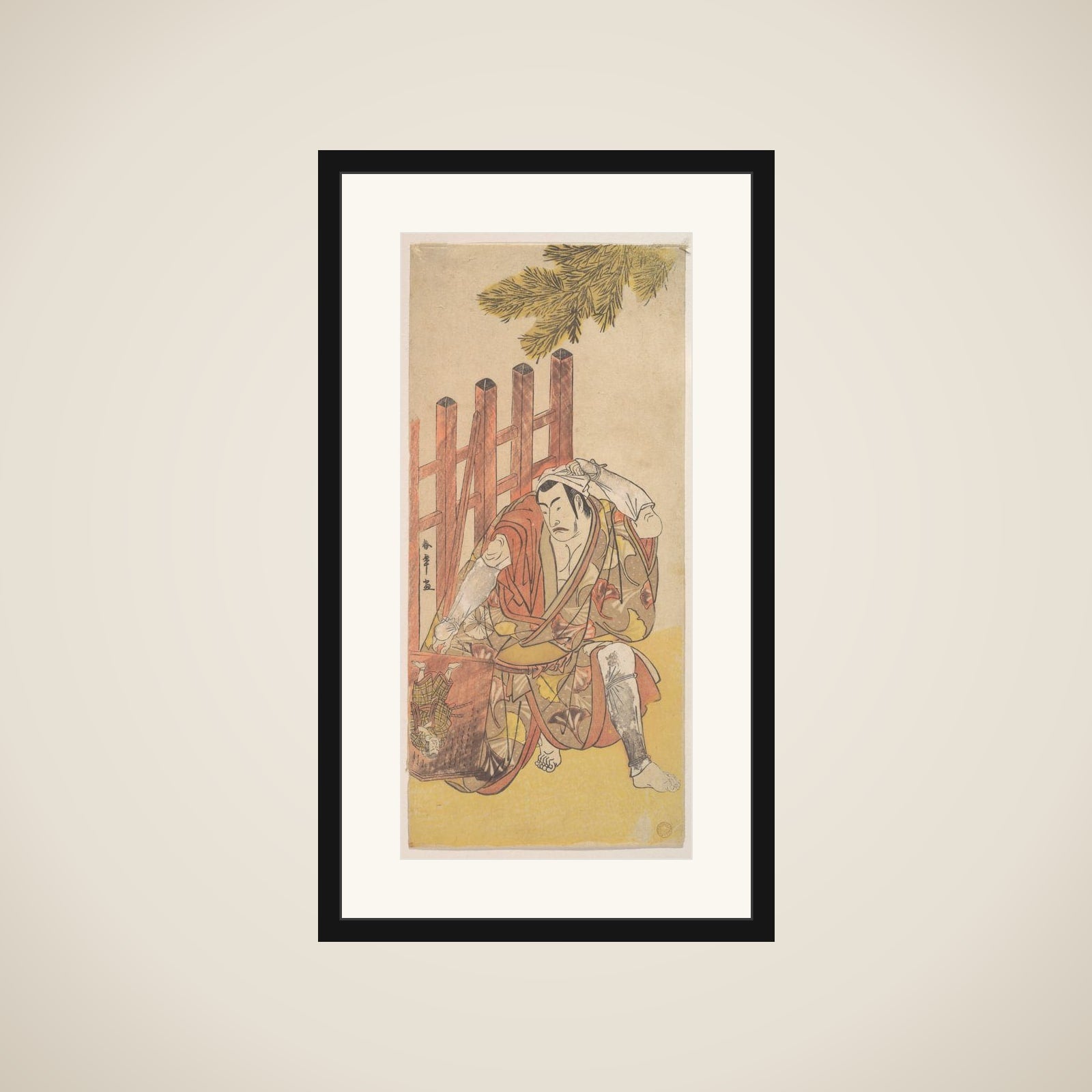 The Fourth Matsumoto Koshiro as an Outlaw Looking at a Wooden Ninsogaki framed