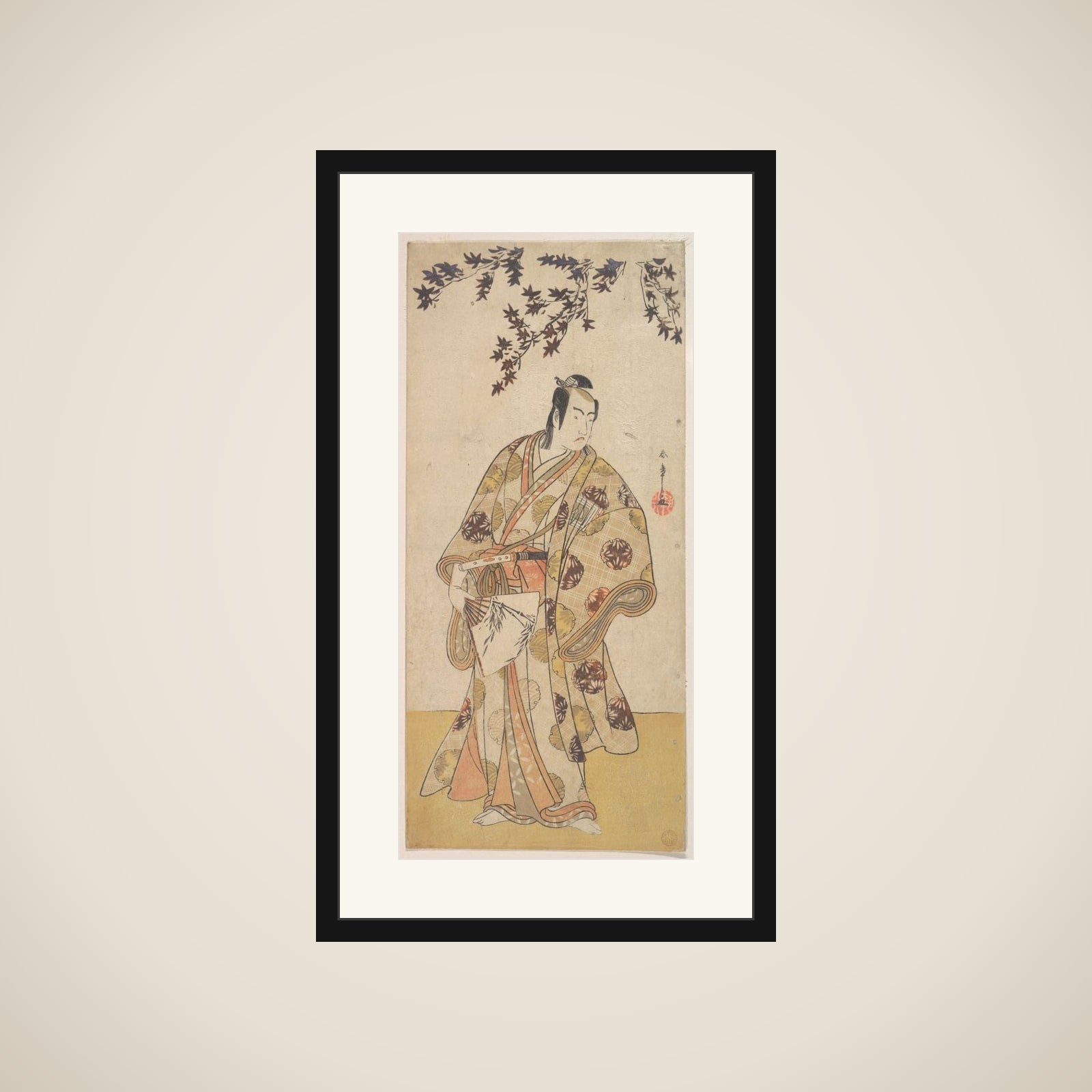The Third Ichikawa Yaozō as a Daimyo Standing Under a Maple Tree framed