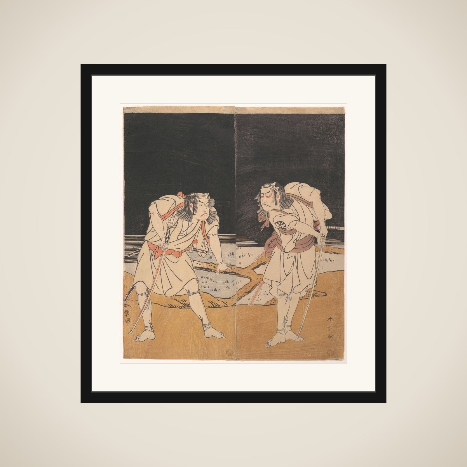 Duel Scene from the Kabuki Drama, "A Soga Pattern Dyed to Order" (Ōatsurae-zome Soga Hinagata) framed