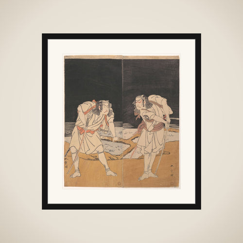 Duel Scene from the Kabuki Drama, "A Soga Pattern Dyed to Order" (Ōatsurae-zome Soga Hinagata) framed