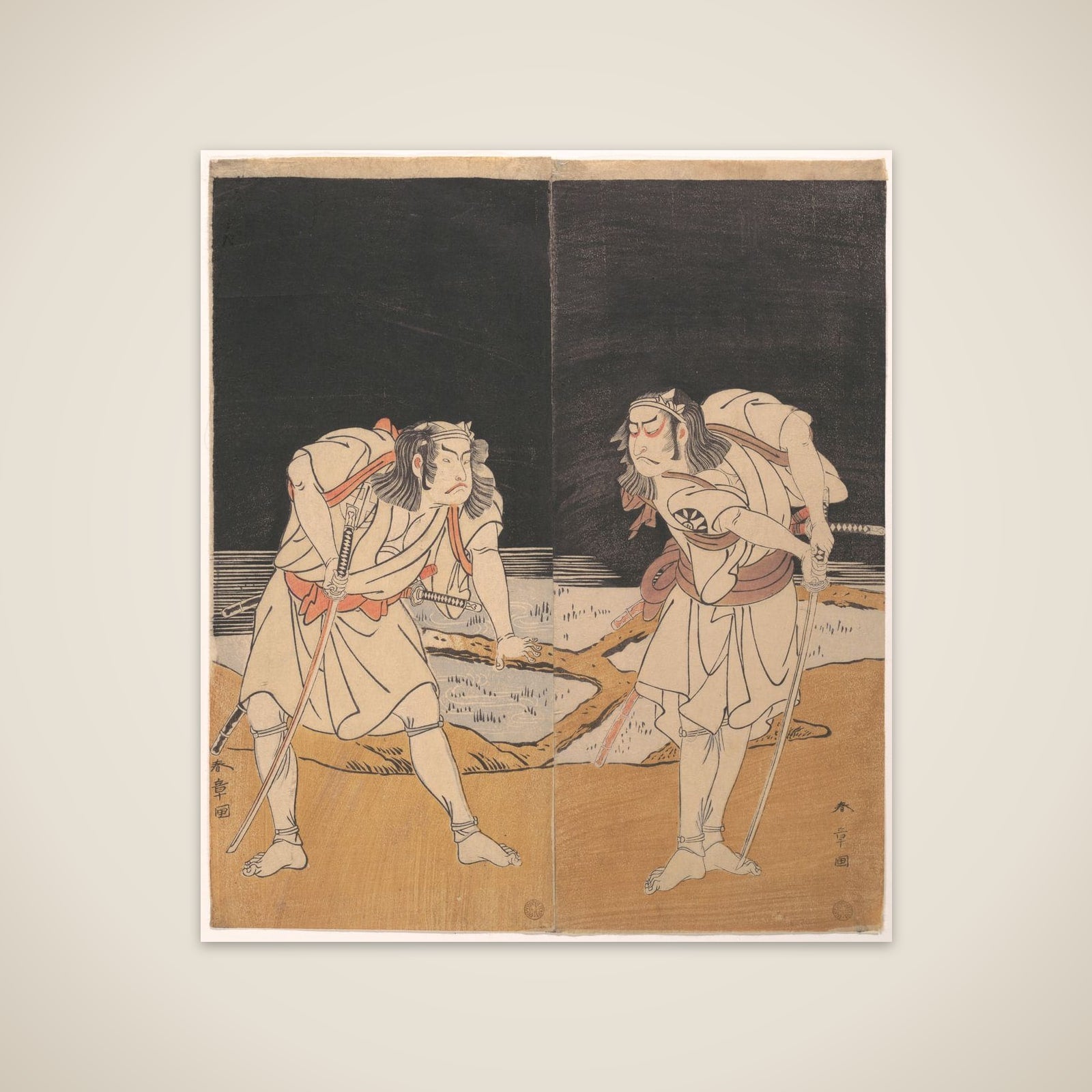 Duel Scene from the Kabuki Drama, "A Soga Pattern Dyed to Order" (Ōatsurae-zome Soga Hinagata) unframed print