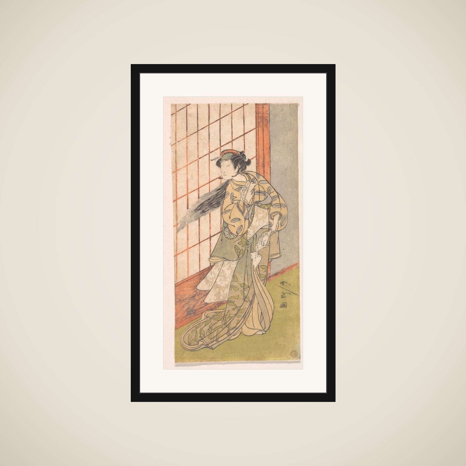 The First Nakamura Tomijuro as an Angry Woman Standing in a Room framed