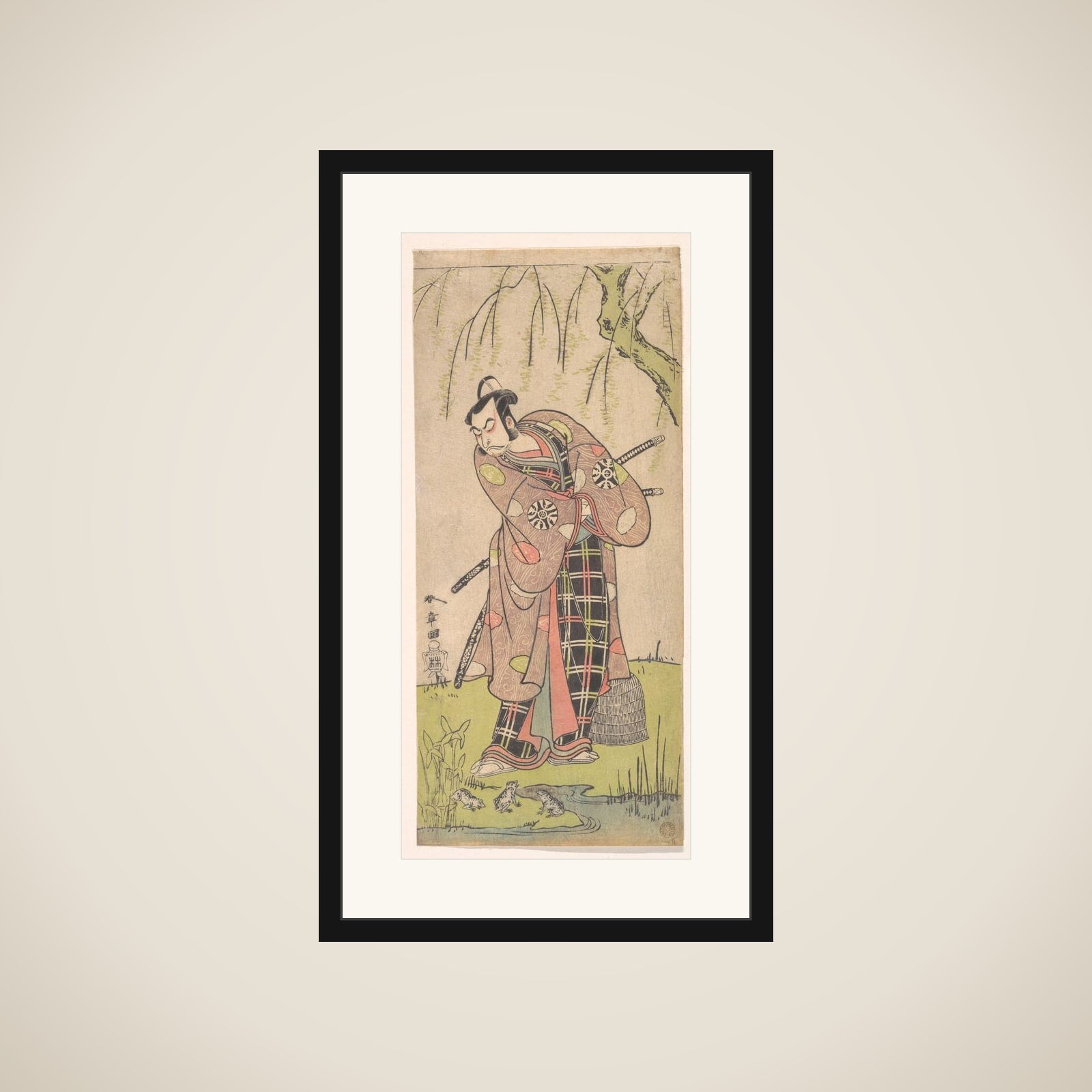 The First Nakamura Nakazo as a Samurai Standing Near a Willow Tree framed