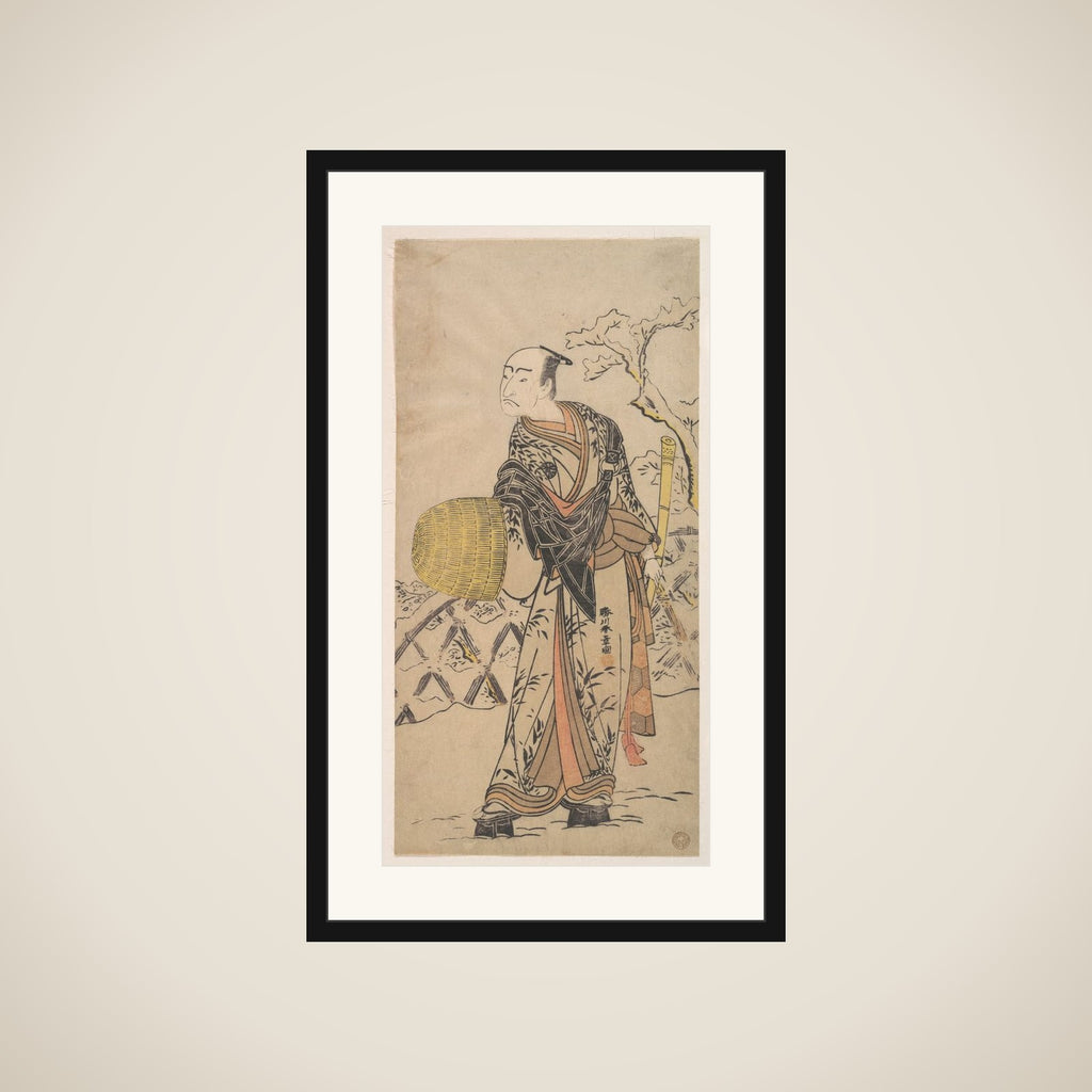 The First Nakamura Nakazo as a Komuso Standing in the Snow by a Fence framed
