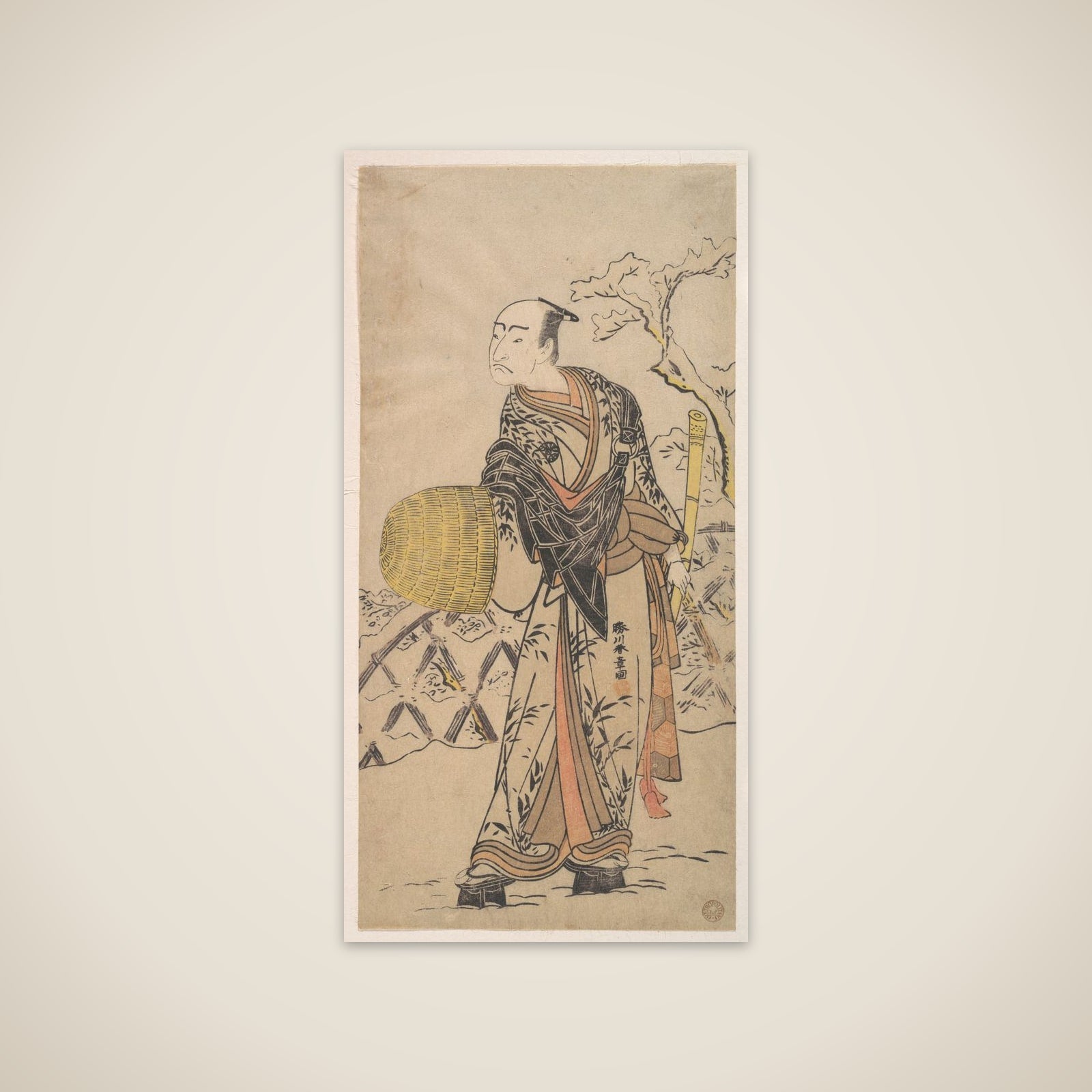 The First Nakamura Nakazo as a Komuso Standing in the Snow by a Fence unframed print