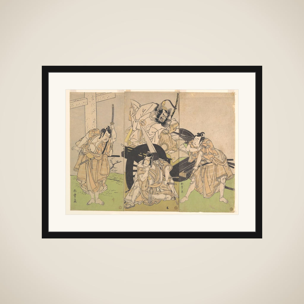 Kabuki Actors Ichikawa Yaozō II, Nakajima Mihoemon II, Ichikawa Ebizō III, and Ichimura Uzaemon IX in the Play Sugawara’s Secrets of Calligraphy (Sugawara denju tenarai kagami) framed