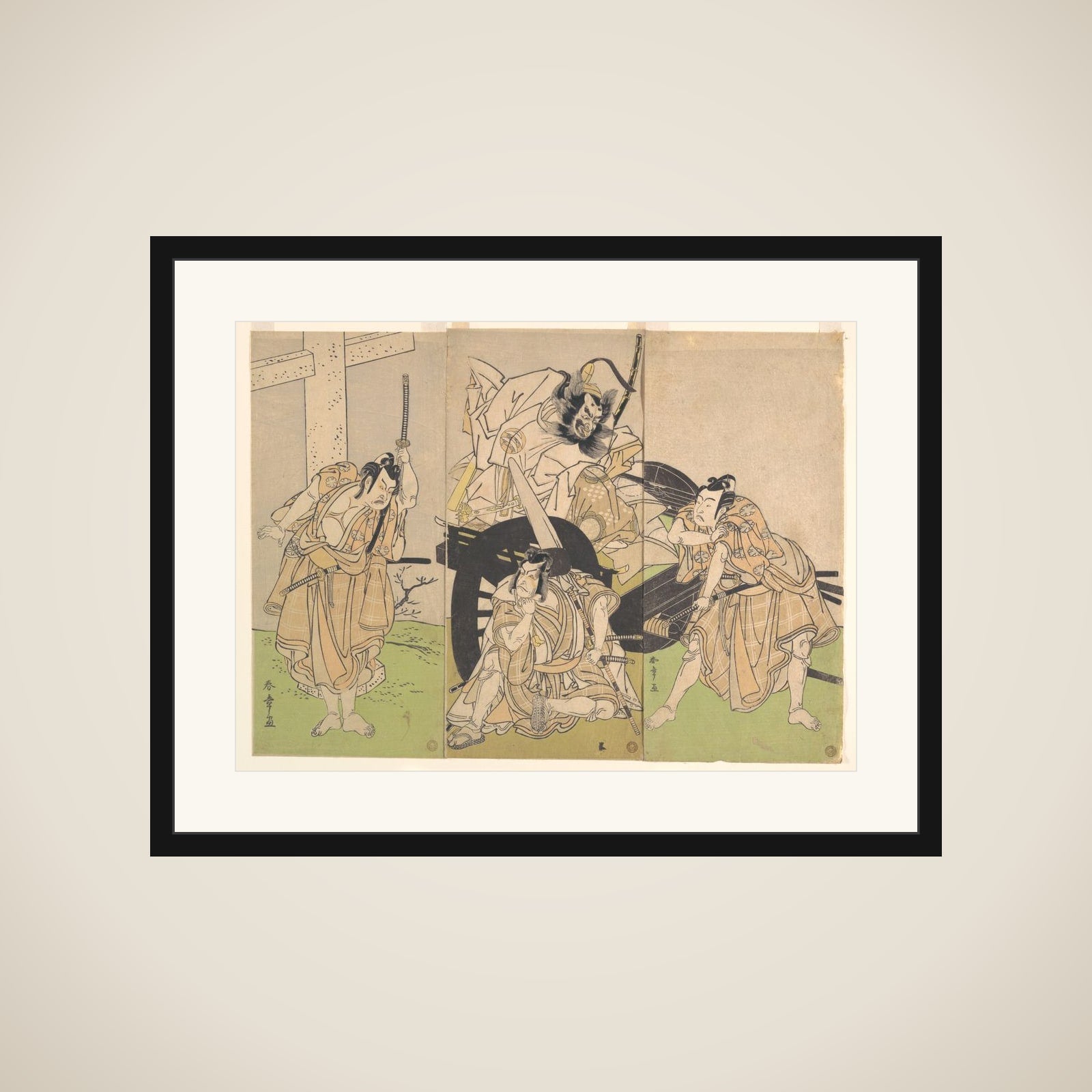 Kabuki Actors Ichikawa Yaozō II, Nakajima Mihoemon II, Ichikawa Ebizō III, and Ichimura Uzaemon IX in the Play Sugawara’s Secrets of Calligraphy (Sugawara denju tenarai kagami) framed