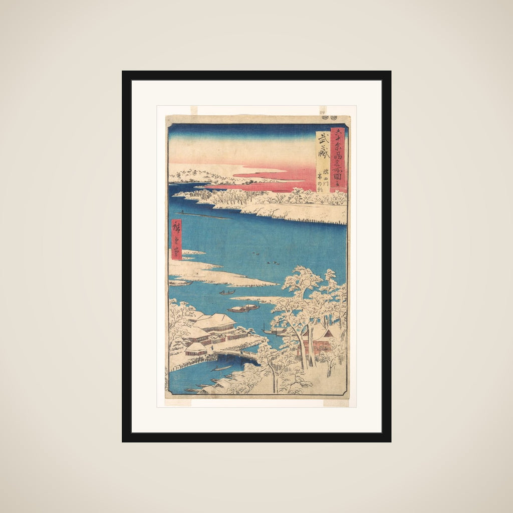Morning after a Snowfall, the Sumida River, Musashi Province
, from the series Views of Famous Places in the Sixty-Odd Provinces framed