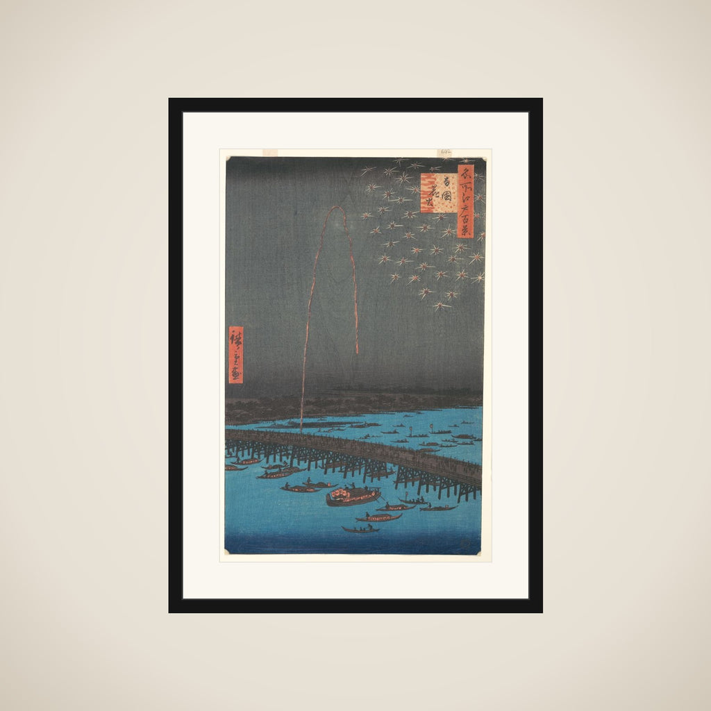Fireworks at Ryōgoku Bridge, from the series One Hundred Famous Views of Edo framed