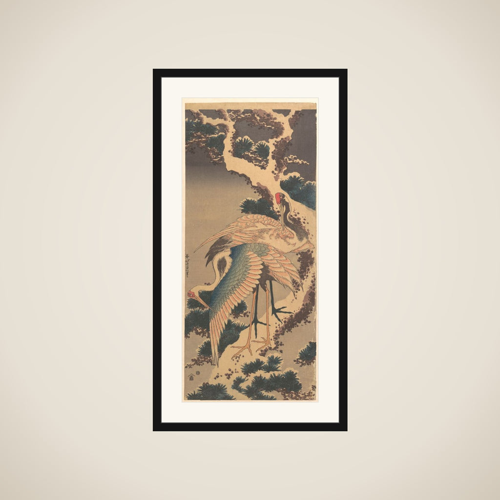 Cranes on Branch of Snow-covered Pine framed