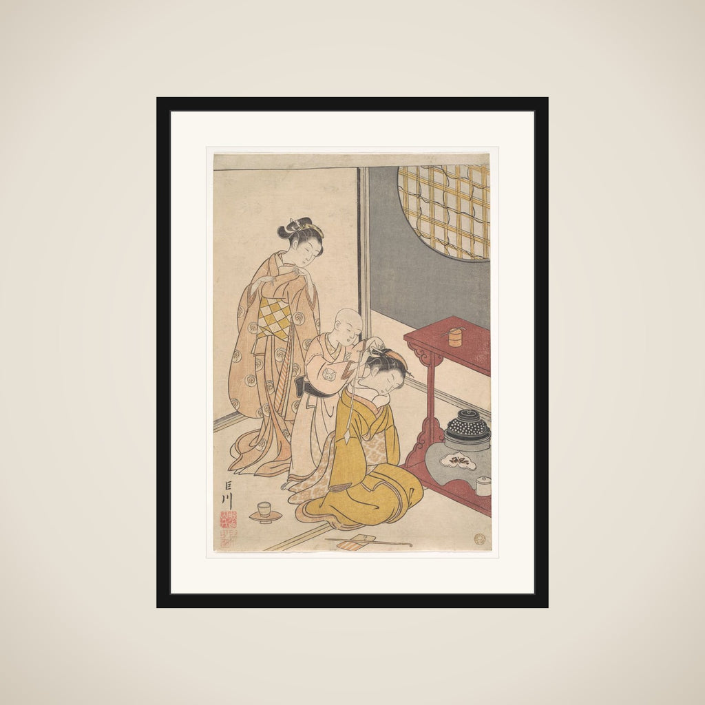 Night Rain at the Double-Shelf Stand, from the series Eight Parlor Views (Zashiki hakkei) framed