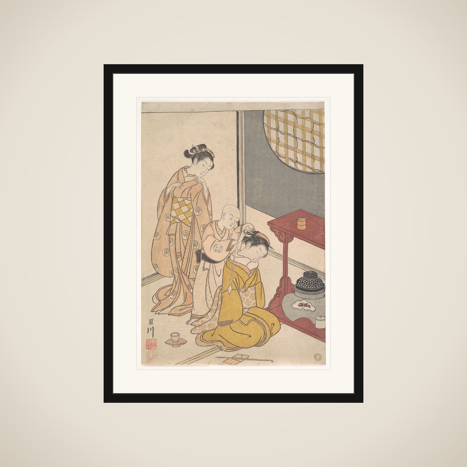 Night Rain at the Double-Shelf Stand, from the series Eight Parlor Views (Zashiki hakkei) framed