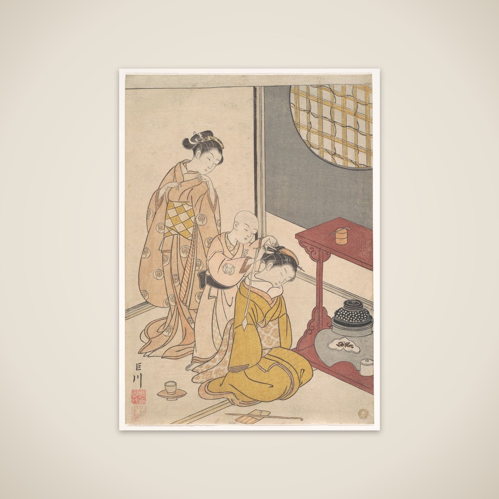 Night Rain at the Double-Shelf Stand, from the series Eight Parlor Views (Zashiki hakkei) unframed print