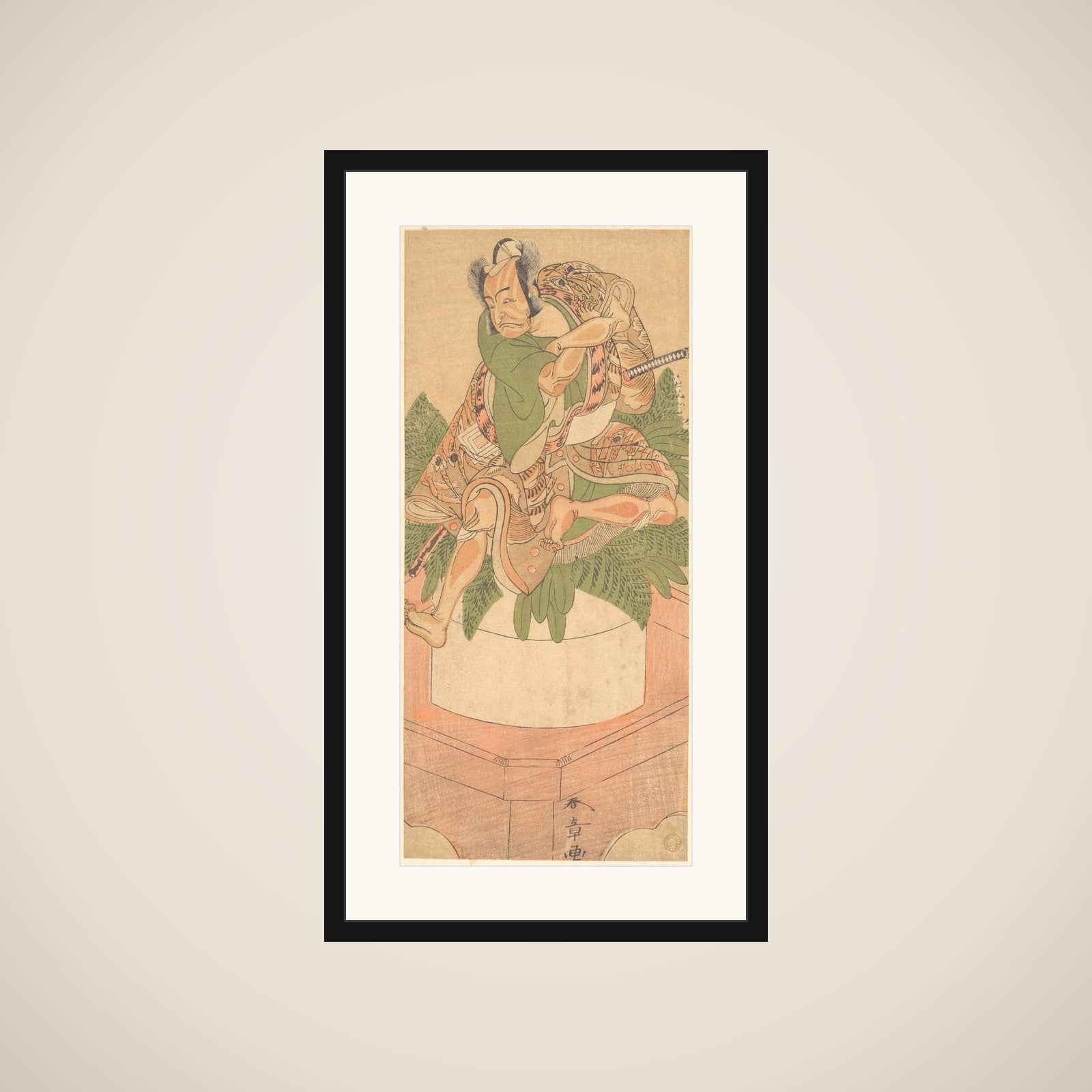 The Fourth Ichikawa Danjuro as a Yakko (servant) seated upon a Large Cake of Mochi Prepared for the New Yer Celebration framed